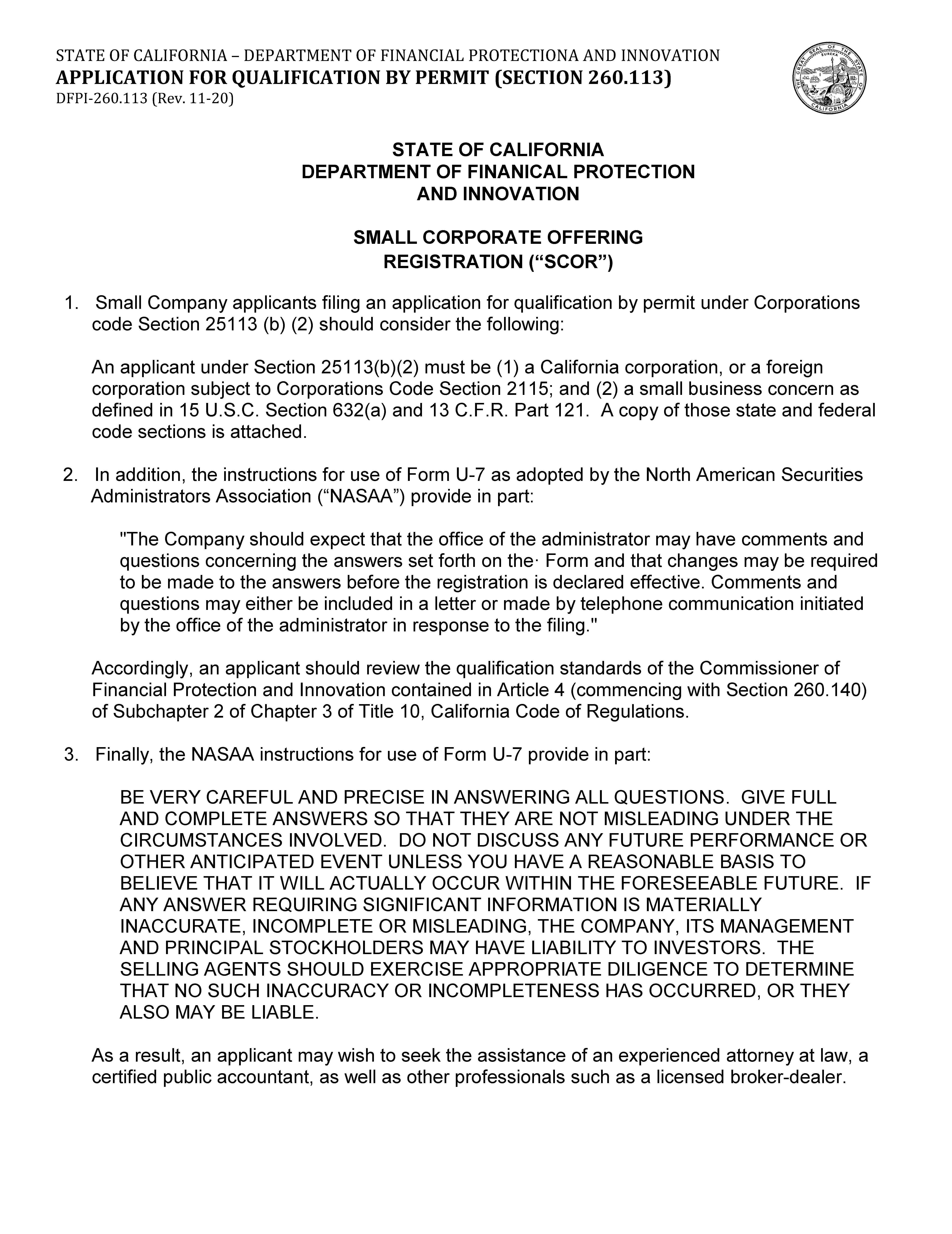 Small Corporate Offering Registration Form {DFPI-SCOR-260.113} | Pdf Fpdf Docx | California