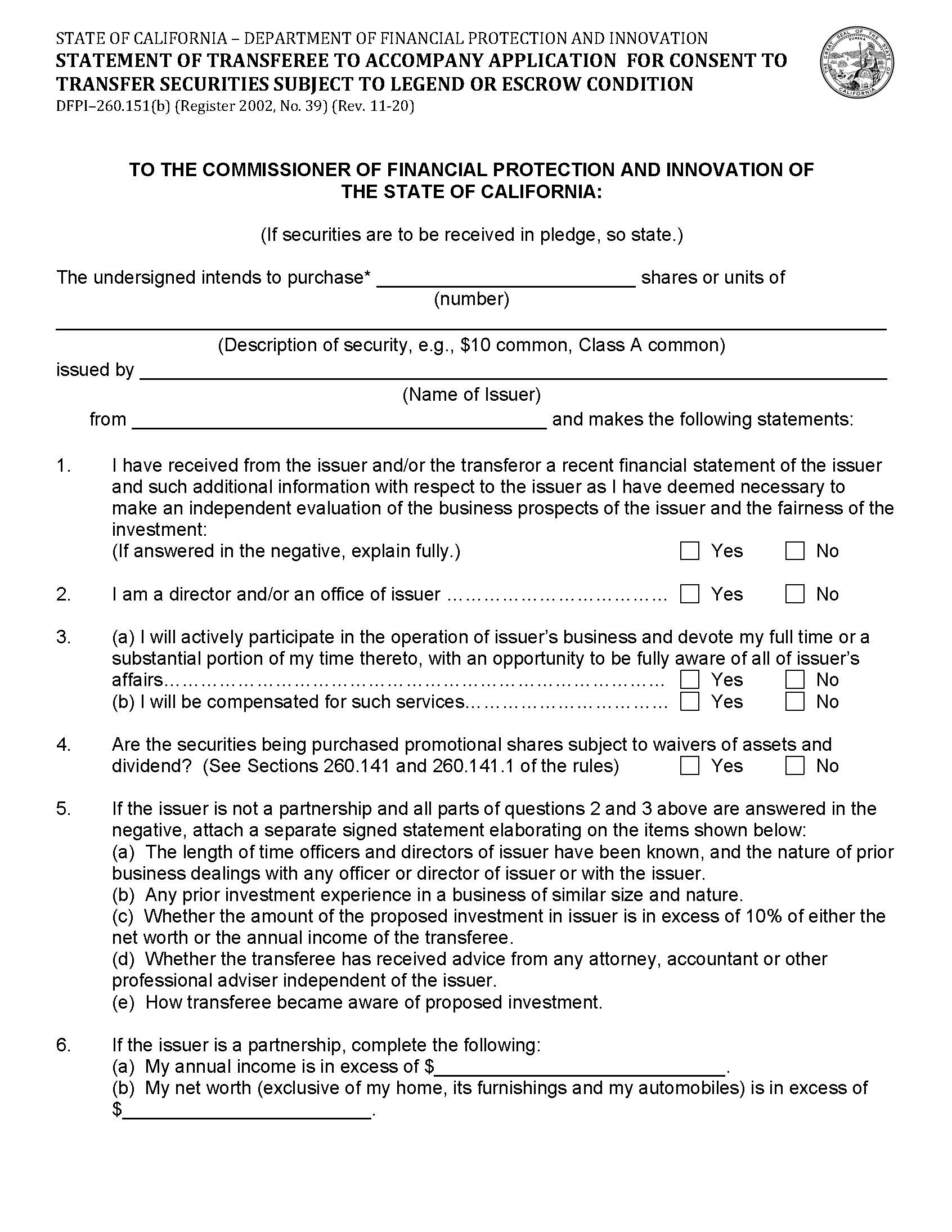 Statement Of Transferee To Accompany Application For Consent To Transfer Securities {DFPI-260.151(b)} | Pdf Fpdf Docx | California