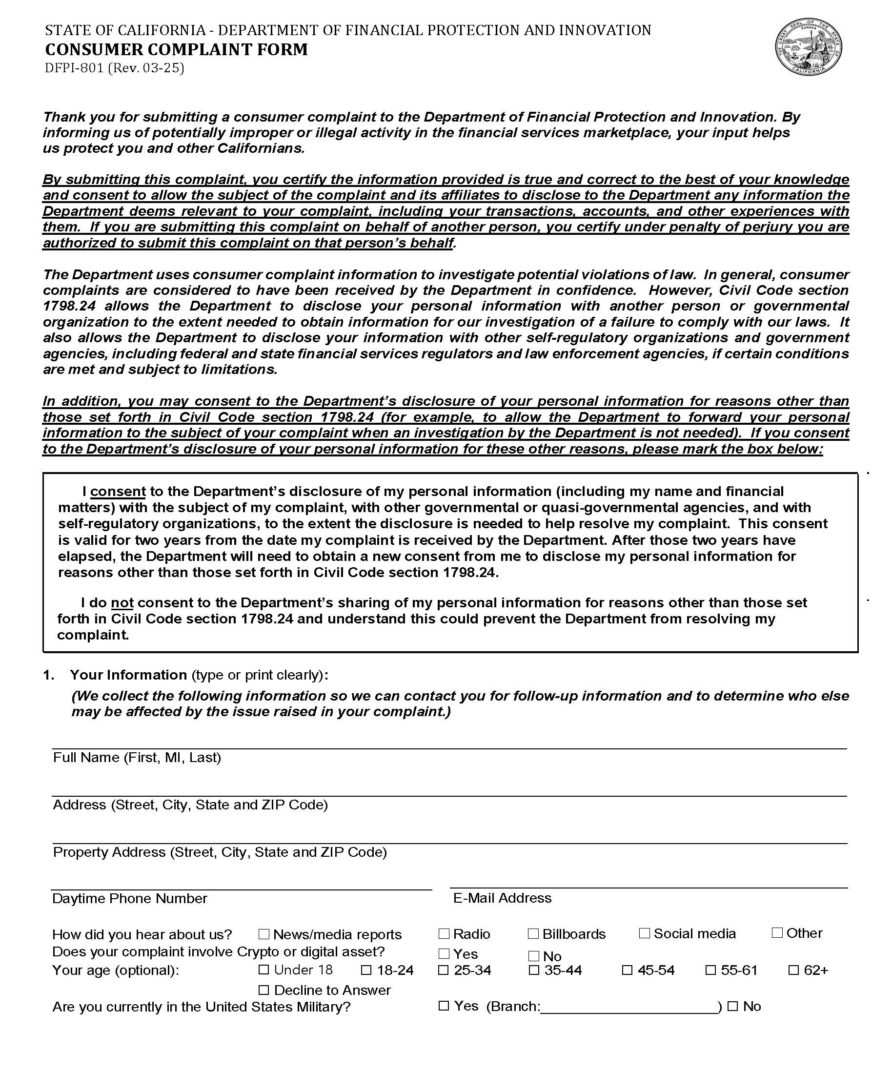Consumer Complaint Form {DFPI-801} | Pdf Fpdf Docx | California