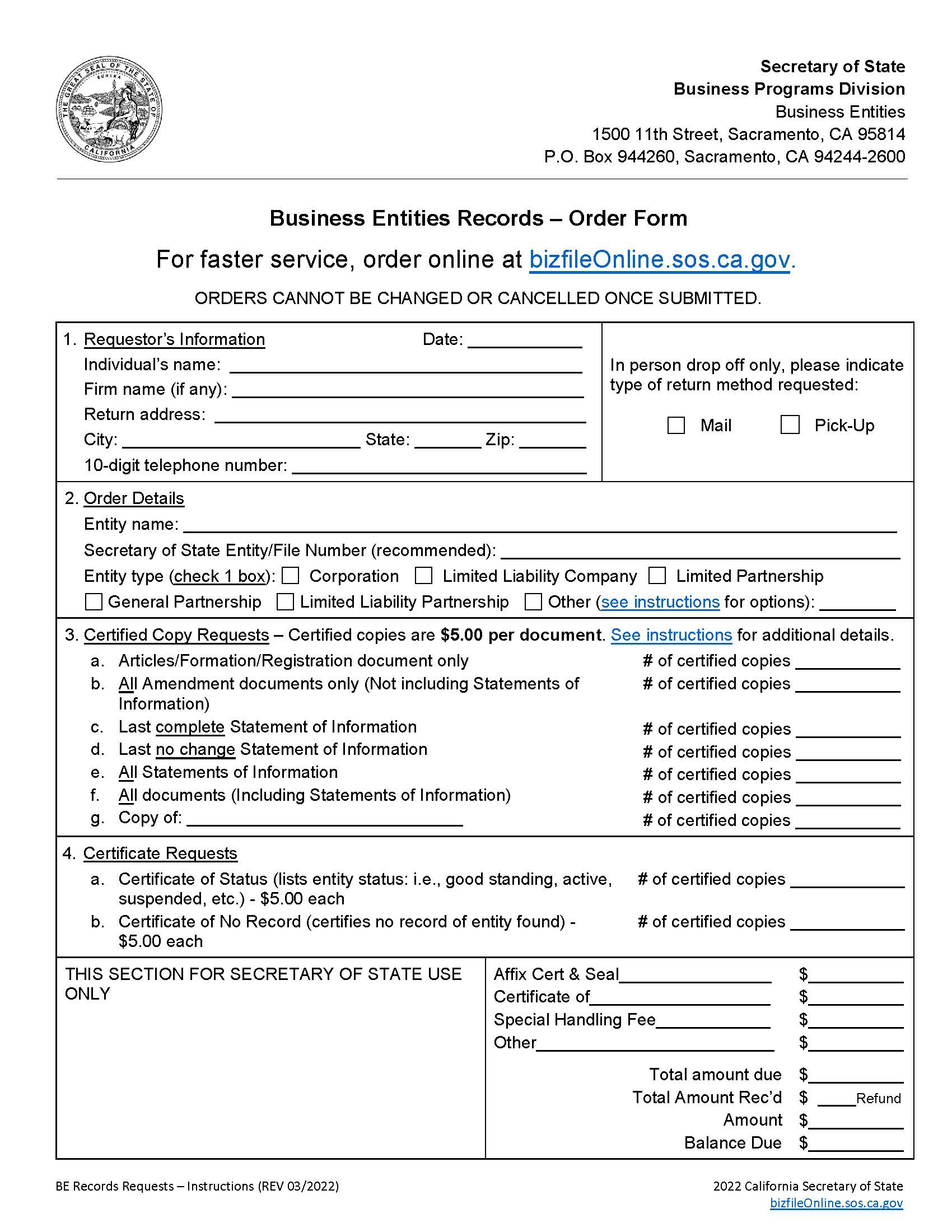 Business Entities Records Order Form | Pdf Fpdf Docx | California