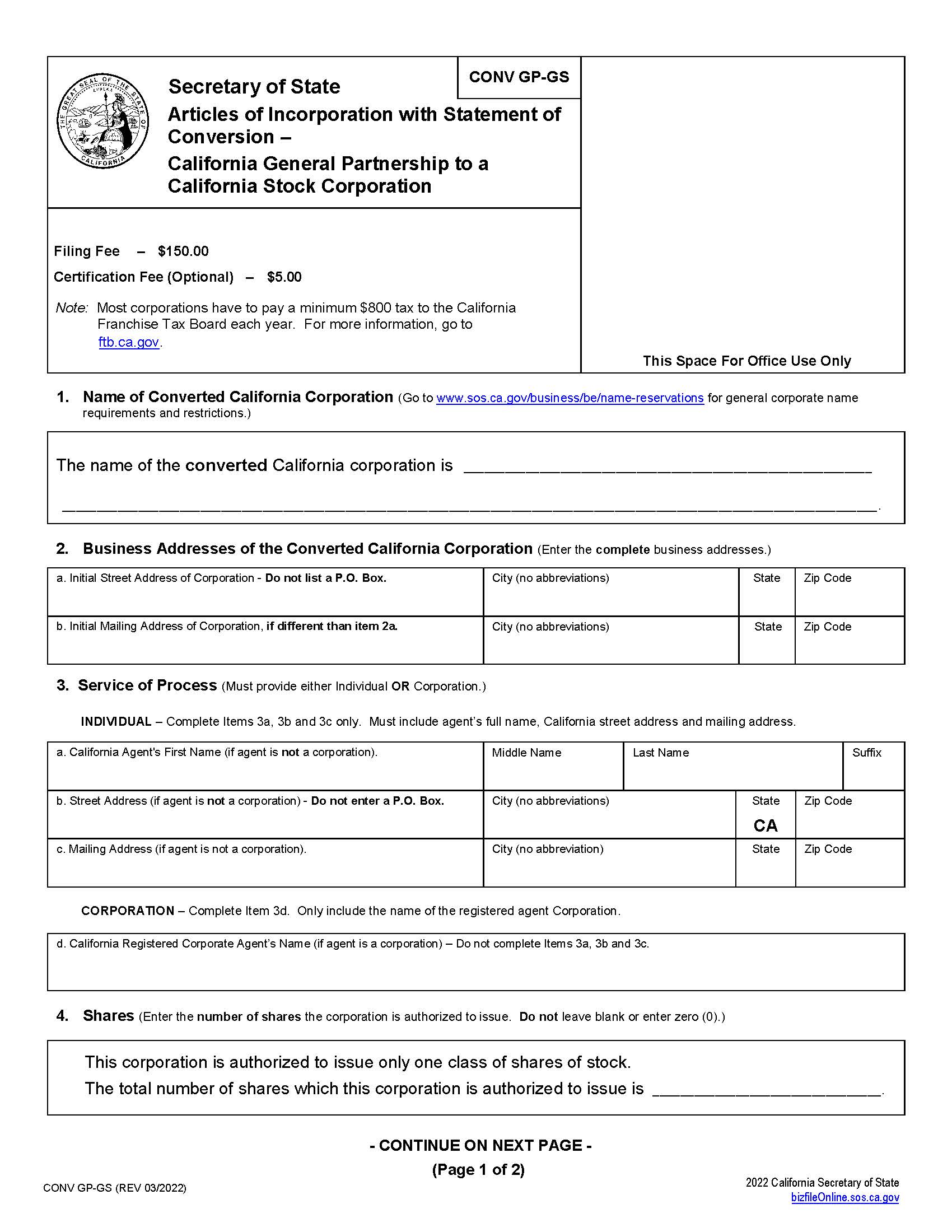 California General Partnership Converting To California Stock Corporation {CONV GP-GS} | Pdf Fpdf Docx | California