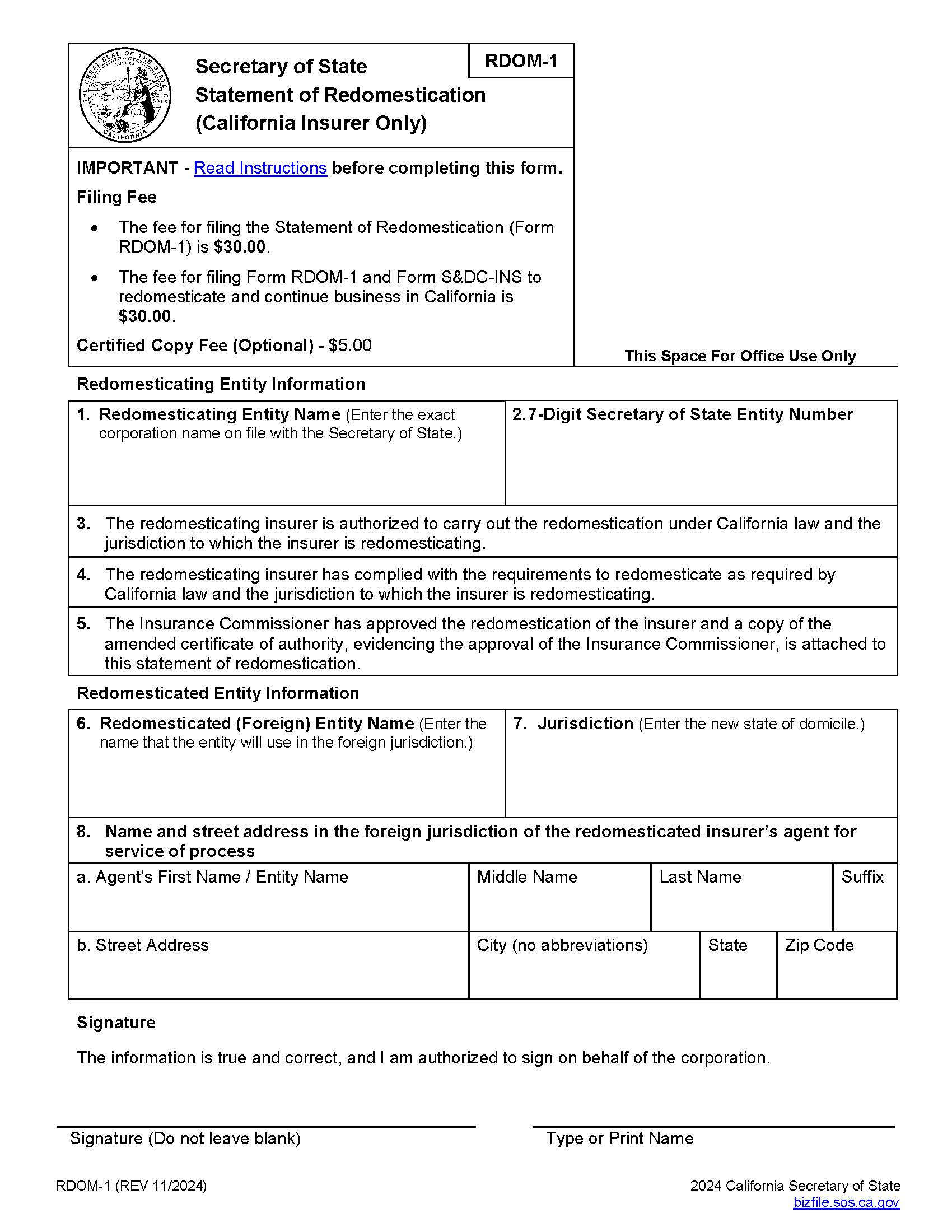 California Insurer Statement Of Redomestication {RDOM-1} | Pdf Fpdf Docx | California