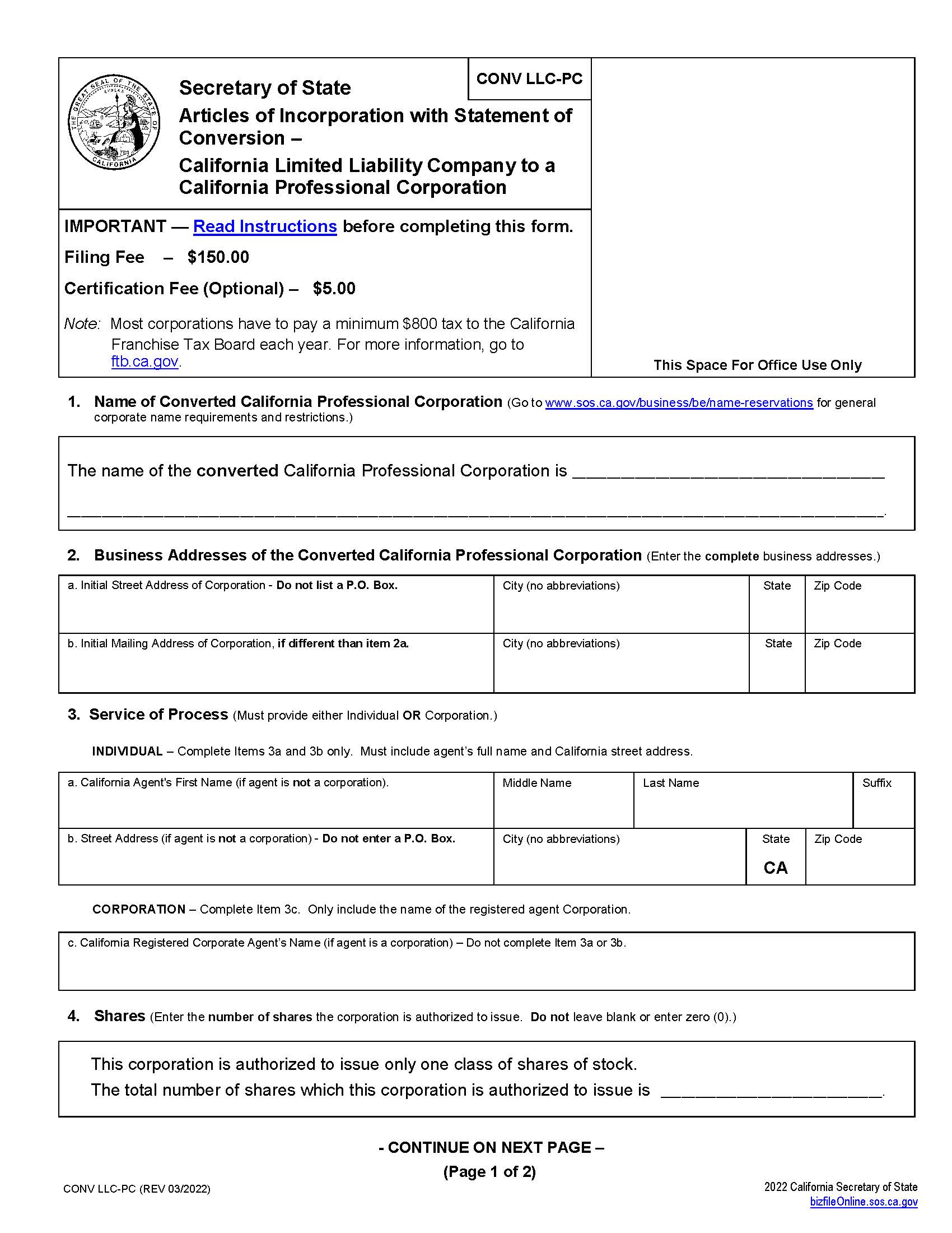 California Limited Liability Company Converting To California Professional Corporation {CONV LLC-PC} | Pdf Fpdf Docx | California