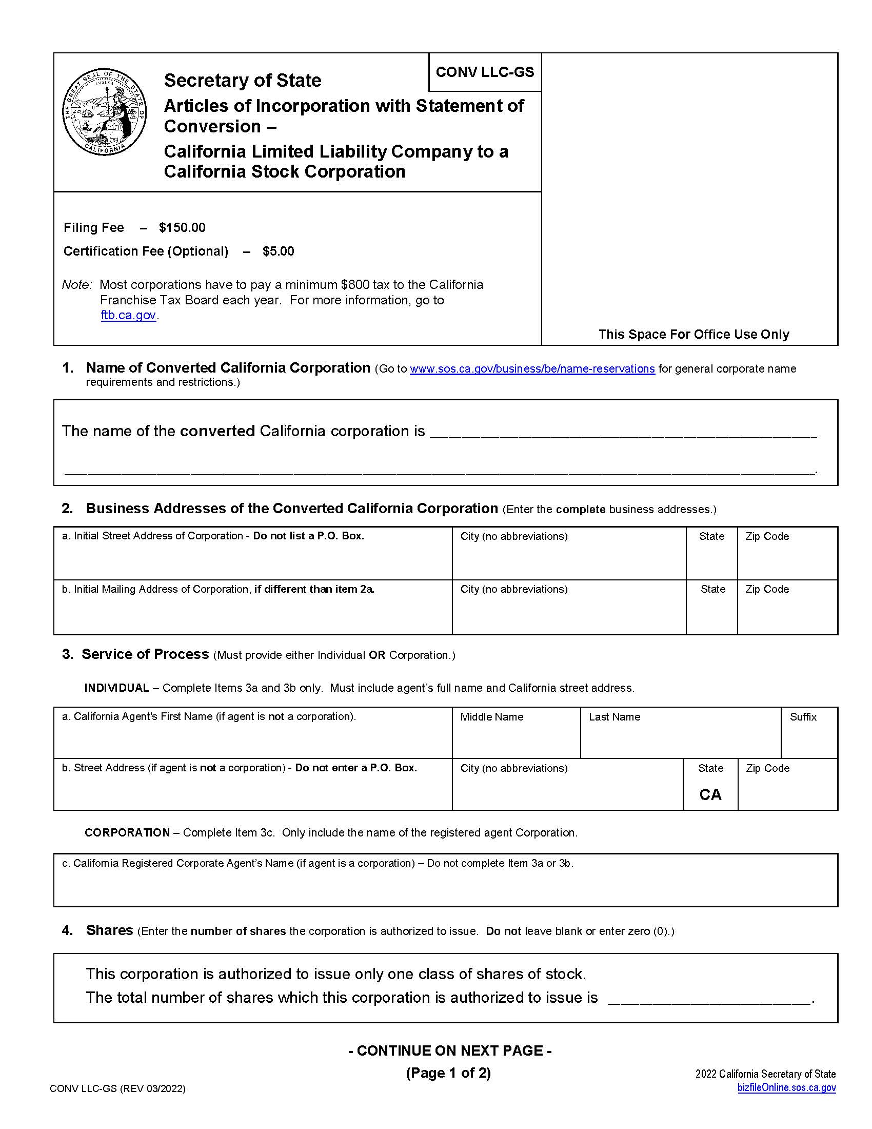 California Limited Liability Company Converting To California Stock Corporation {CONV LLC-GS} | Pdf Fpdf Docx | California
