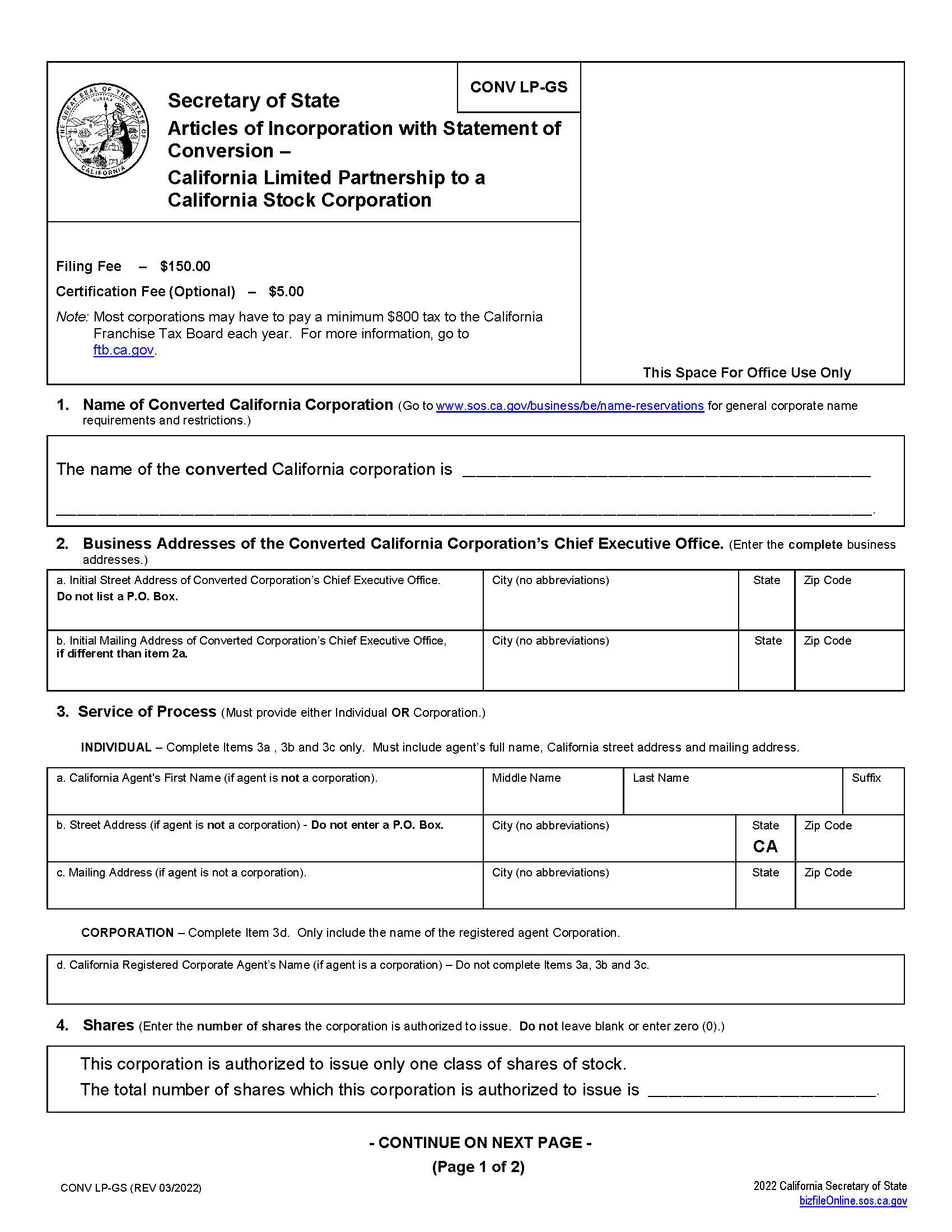 California Limited Partnership Converting To California Stock Corporation {CONV LP-GS} | Pdf Fpdf Docx | California