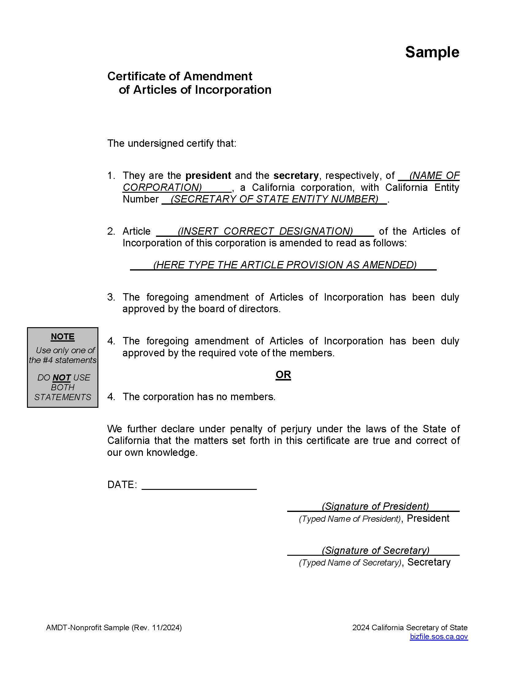 Certificate Of Amendment (Nonprofit) | Pdf Fpdf Doc Docx | California