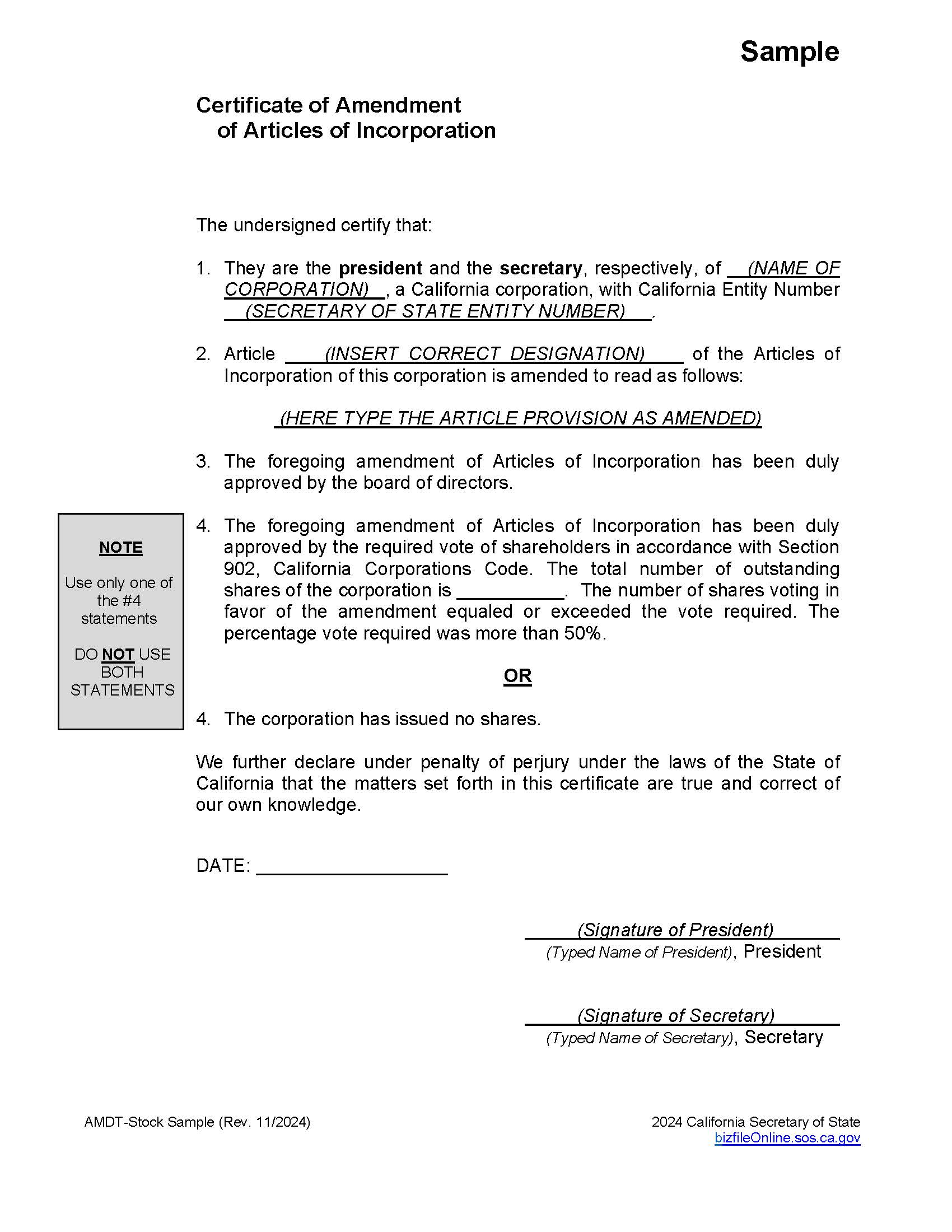 Certificate Of Amendment (Stock) | Pdf Fpdf Doc Docx | California