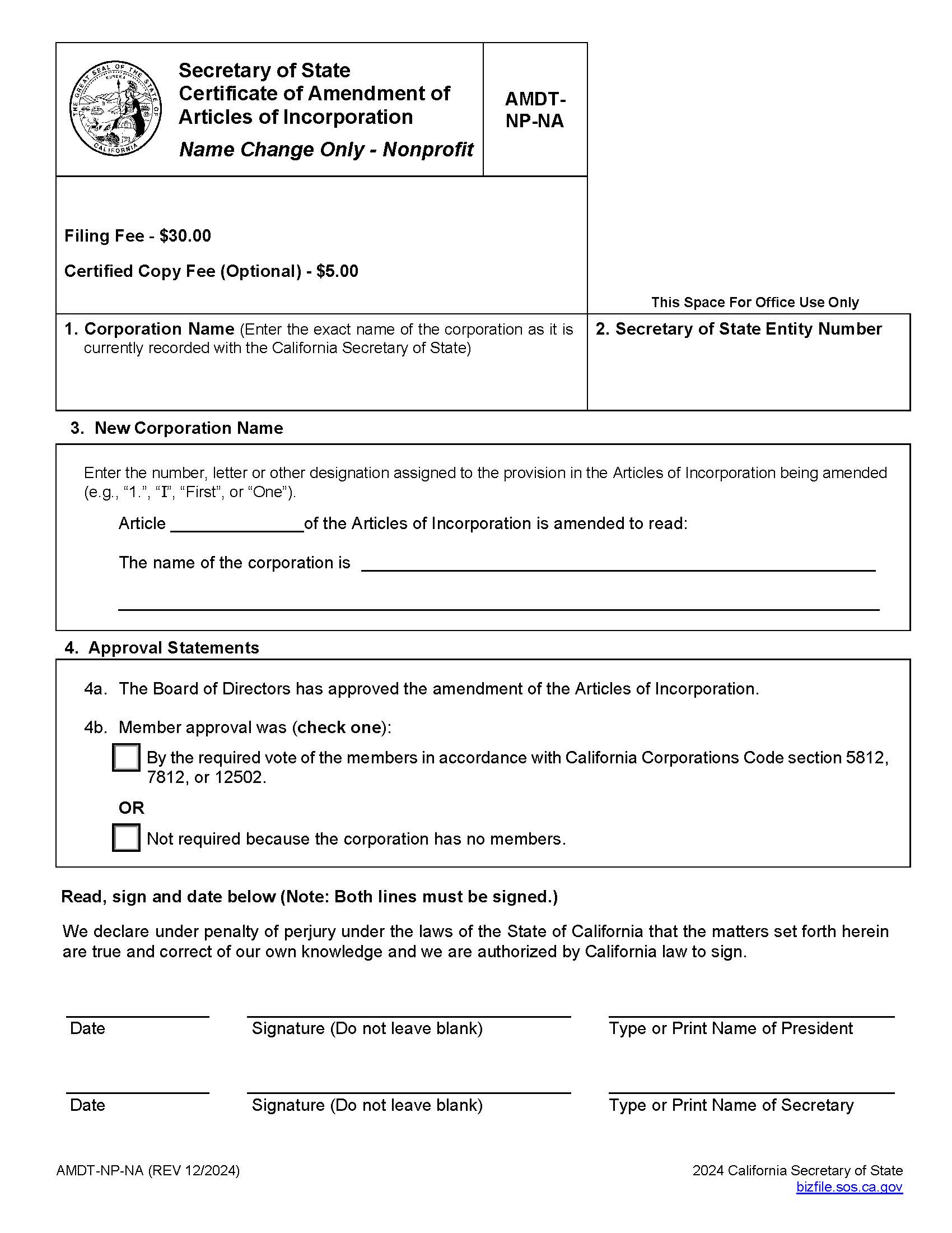 Certificate Of Amendment-Corporate Name Change Only–Nonprofit {AMDT-NP-NA} | Pdf Fpdf Docx | California