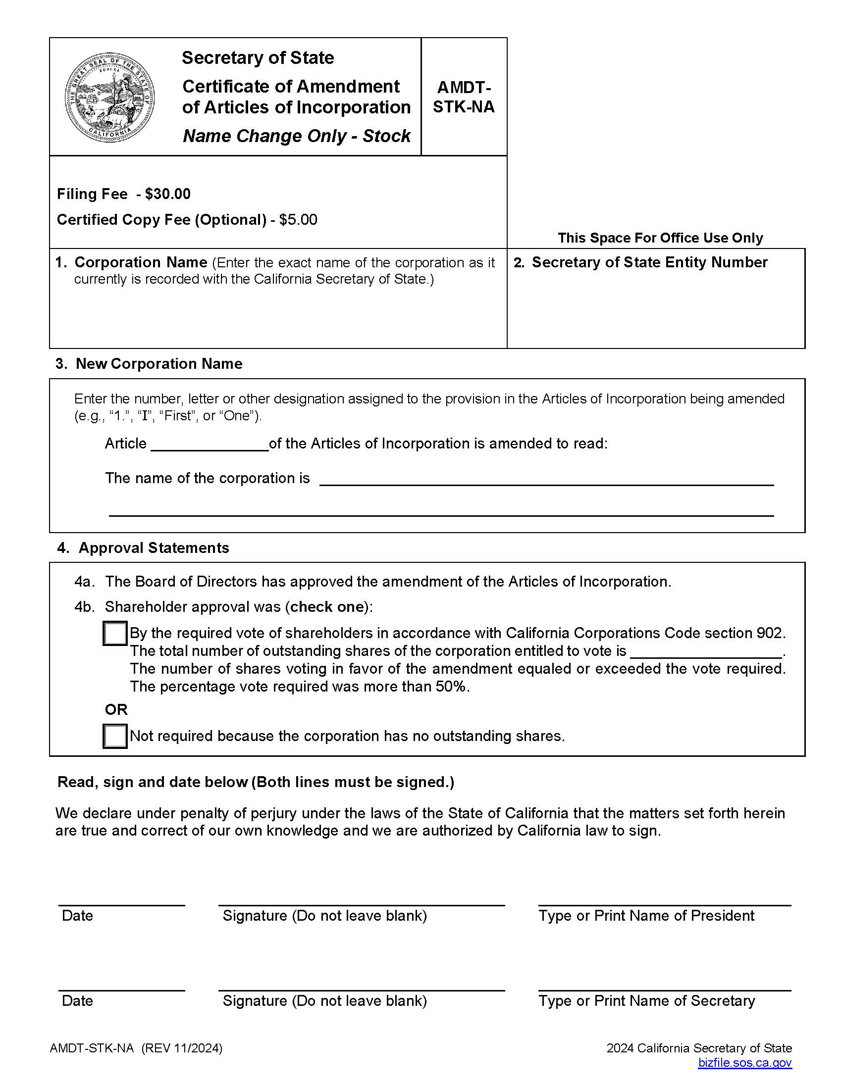 Certificate Of Amendment-Corporate Name Change Only–Stock {AMDT-STK-NA} | Pdf Fpdf Docx | California