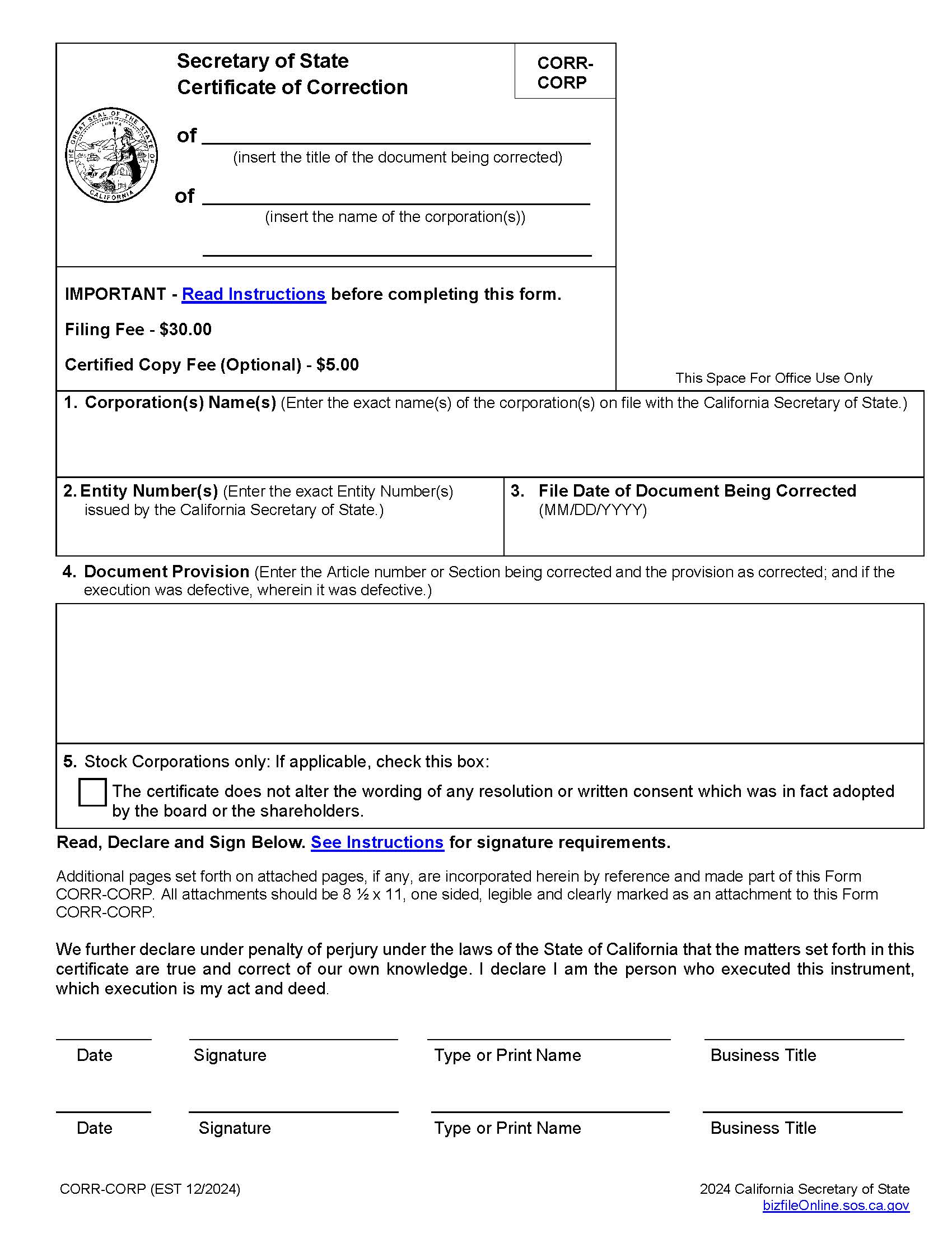 Certificate Of Correction {CORR-CORP} | Pdf Fpdf Docx | California