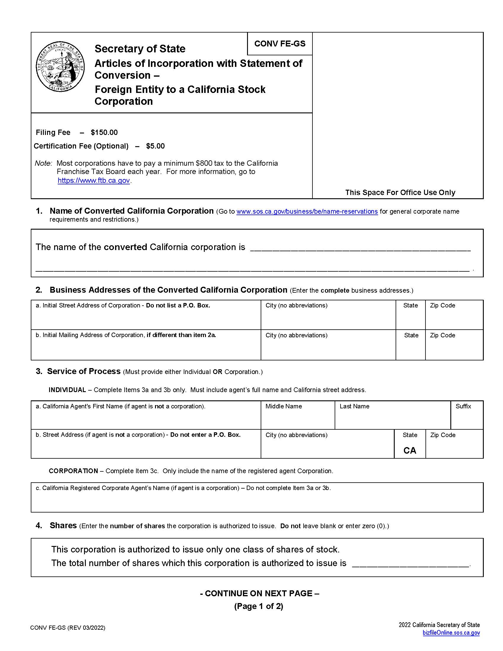 Foreign Entity Converting To A California Stock Corporation {CONV FE-GS} | Pdf Fpdf Docx | California