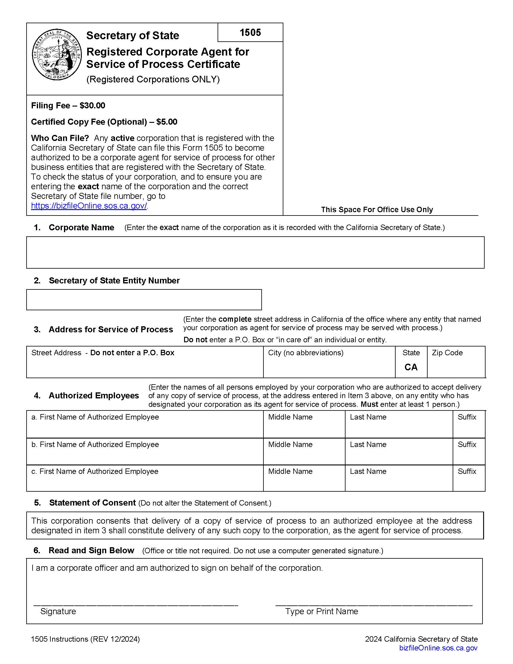 Registered Corporate Agent For Service of Process Certificate {1505} | Pdf Fpdf Doc Docx | California