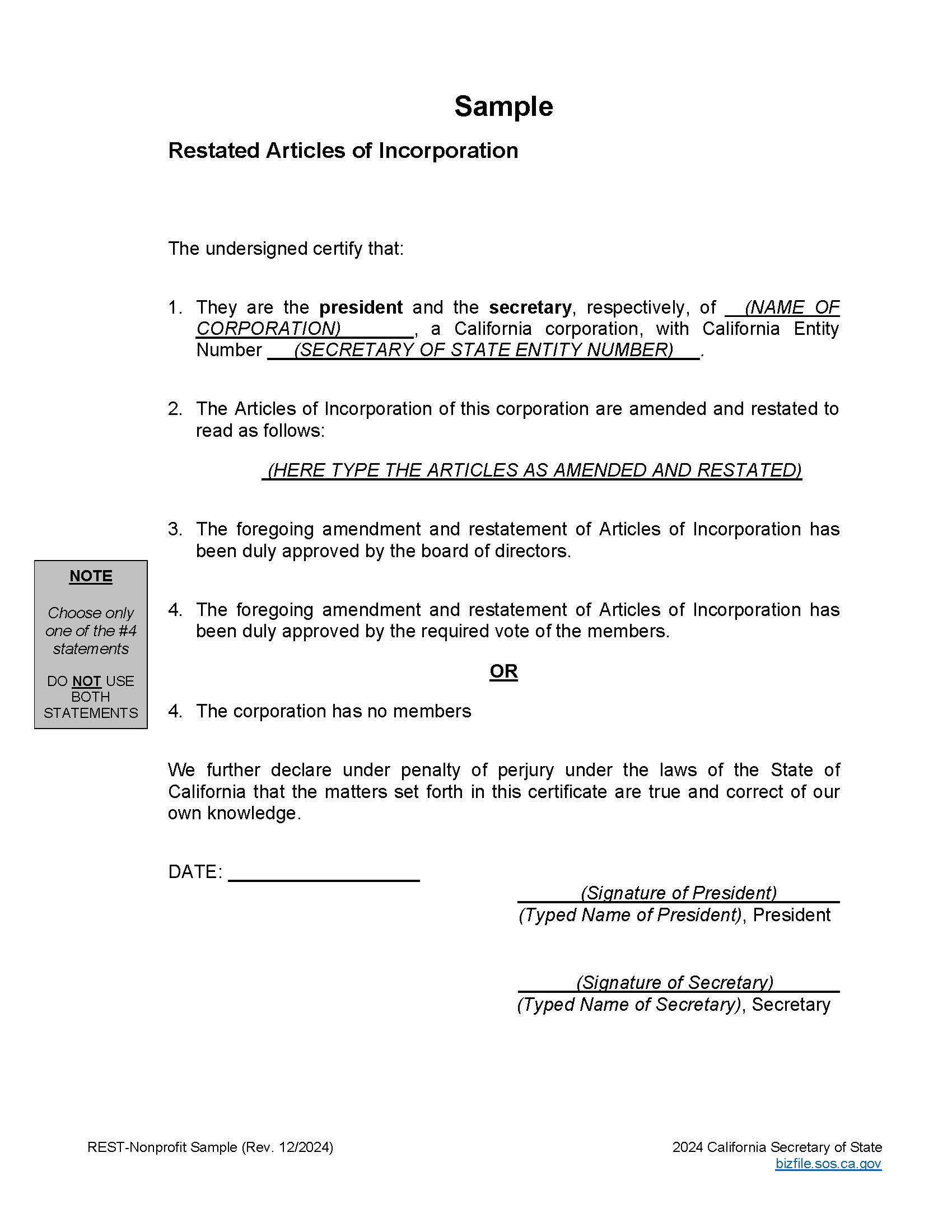 Restated Articles Of Incorporation (Nonprofit) | Pdf Fpdf Doc Docx | California