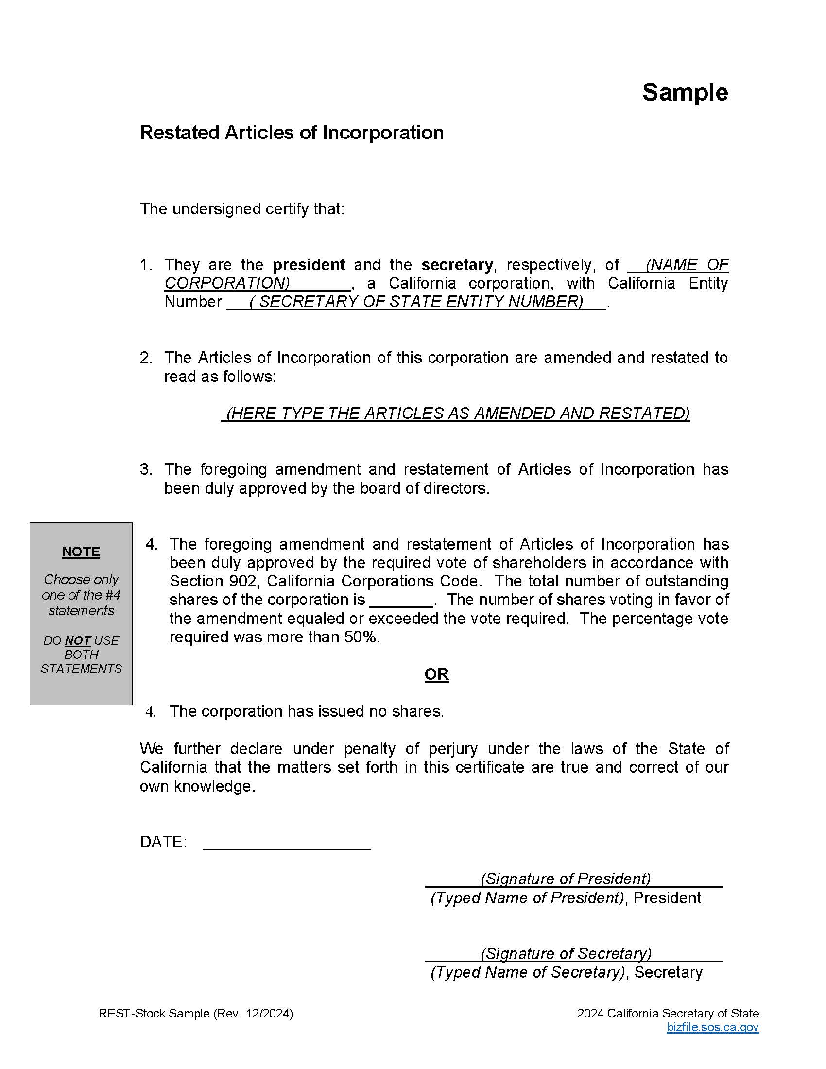 Restated Articles Of Incorporation (Stock) | Pdf Fpdf Doc Docx | California