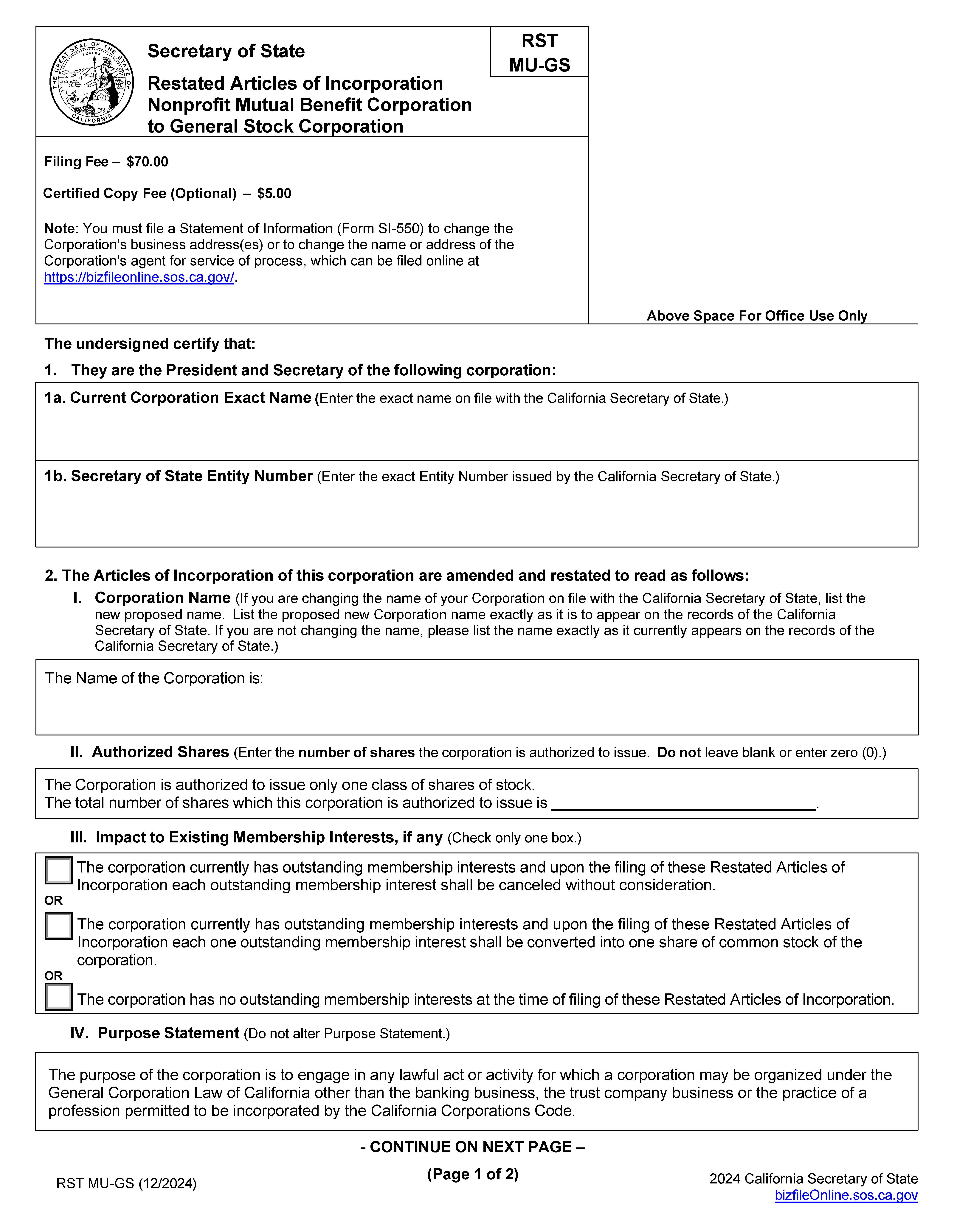 Restated Articles Of Incorporation-Nonprofit Mutual Benefit Corporation To General Stock  {RST MU-GS} | Pdf Fpdf Docx | California