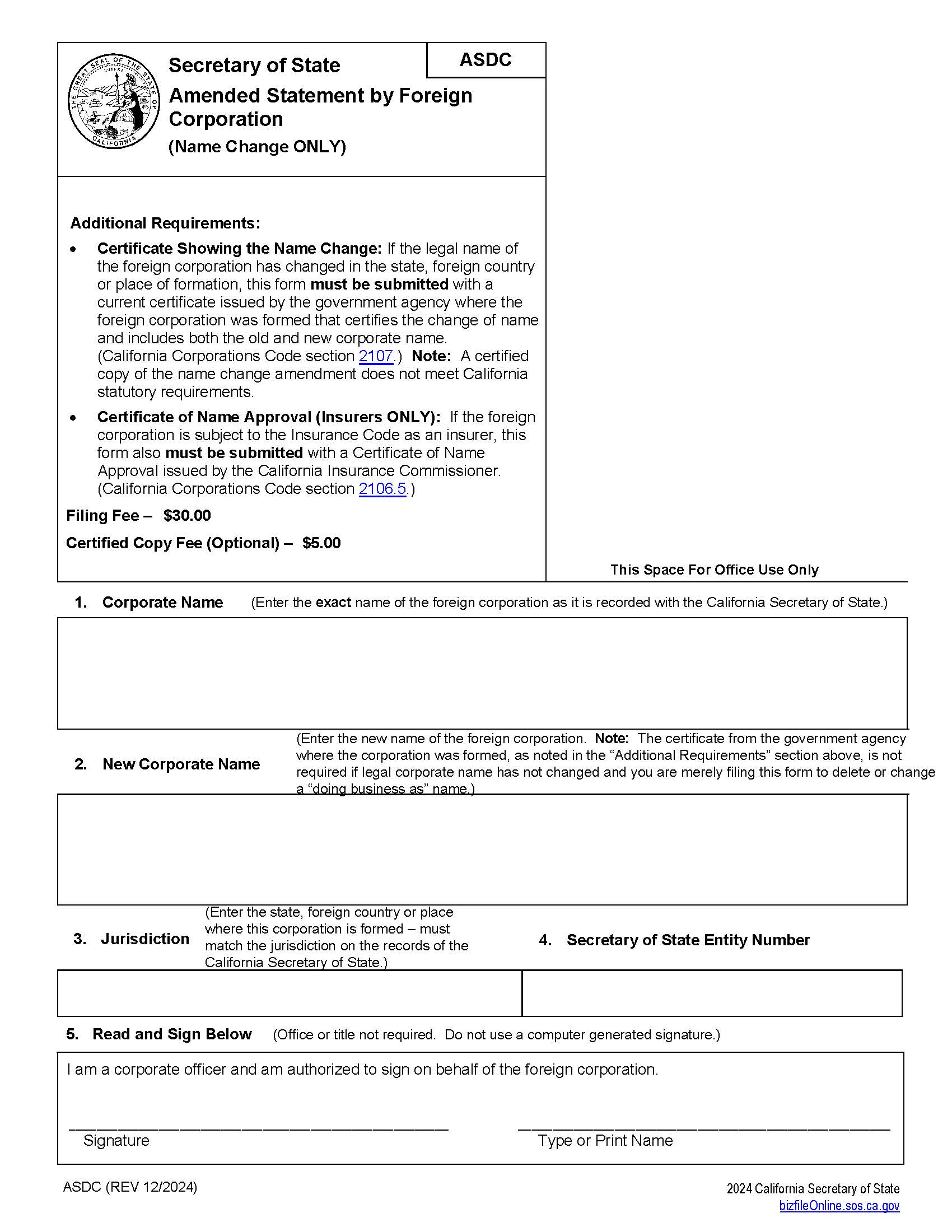 Amended Statement By Foreign Corporation (Form ASDC) {ASDC} | Pdf Fpdf Doc Docx | California