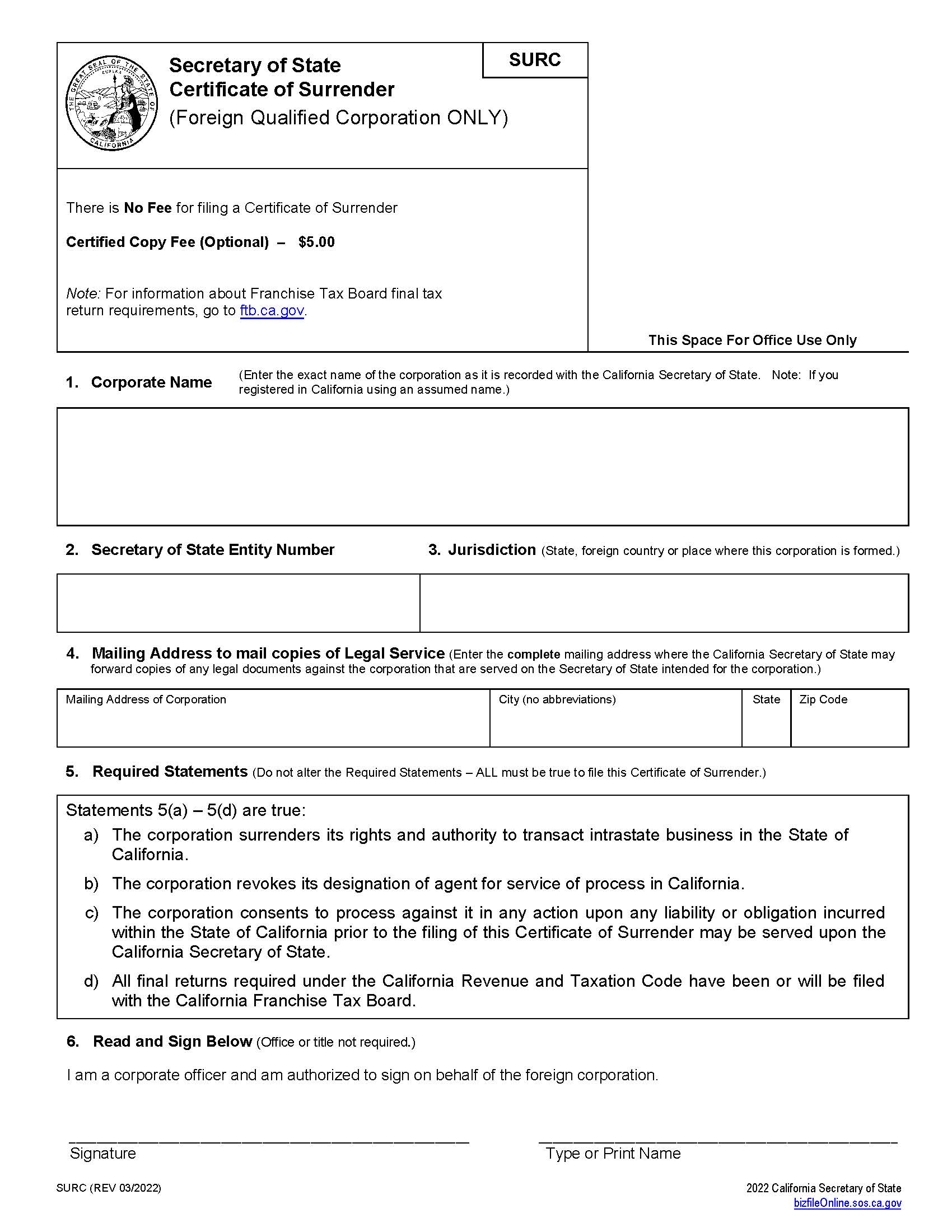 Certificate Of Surrender {SURC}) | Pdf Fpdf Docx | California
