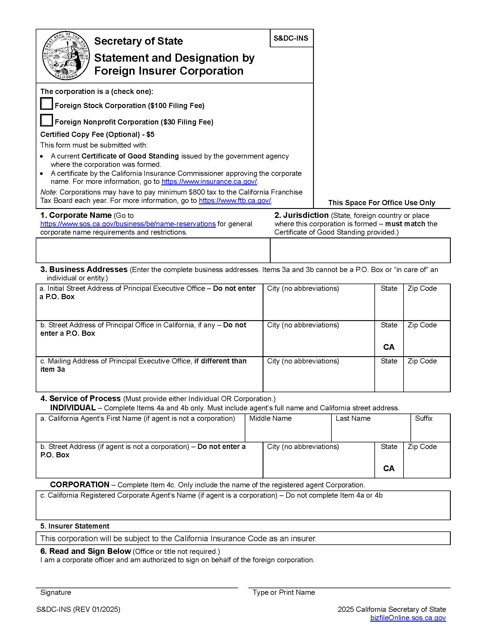 Statement And Designation By Foreign Corporation-Insurer {S-DC-INS} | Pdf Fpdf Docx | California