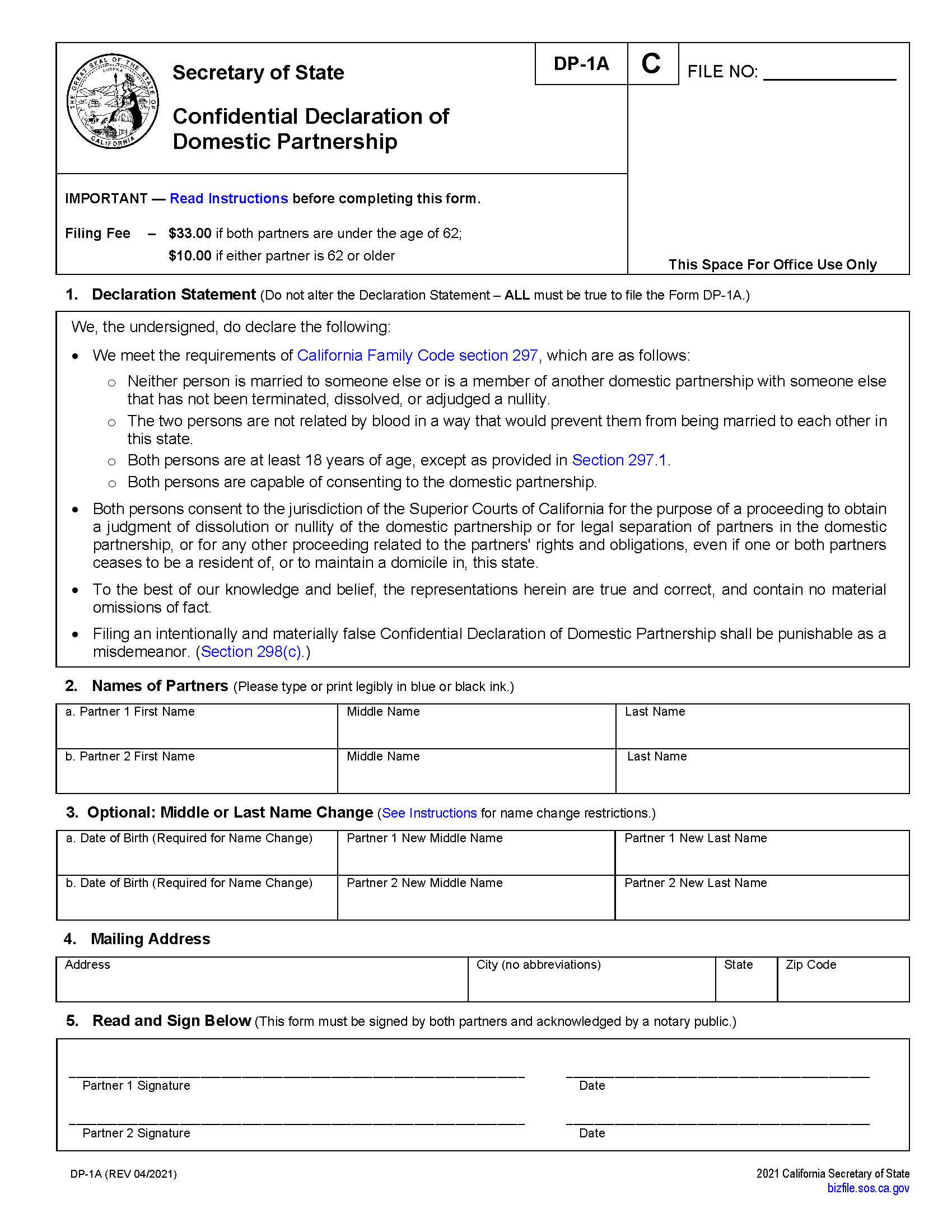 Confidential Declaration Of Domestic Partnership {NP-SF DP-1A} | Pdf Fpdf Doc Docx | California