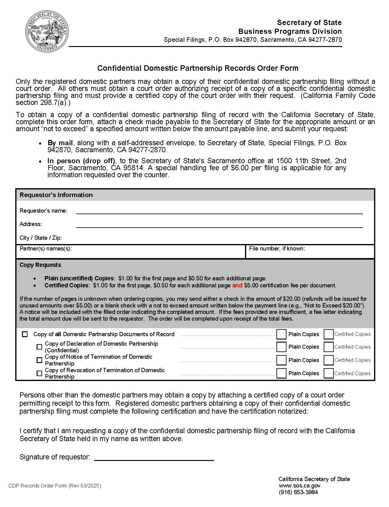 Confidential Domestic Partnership Records Order Form | Pdf Fpdf Docx | California