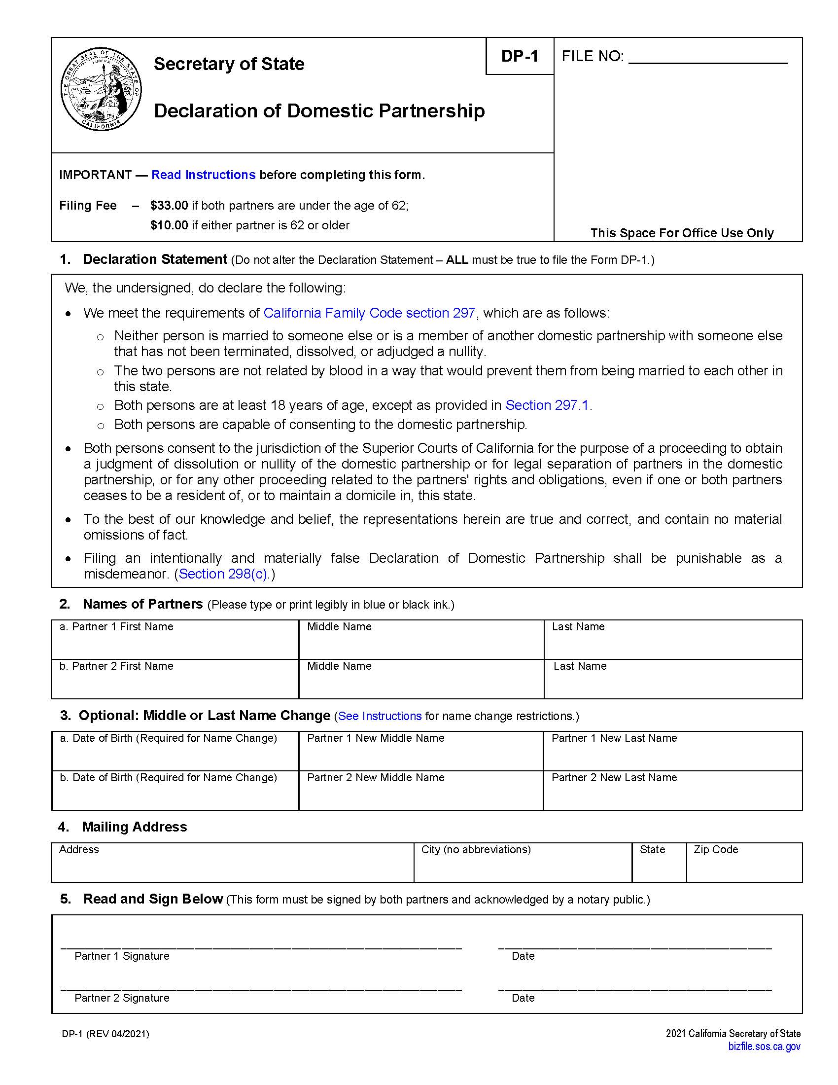 Declaration Of Domestic Partnership {NP-SF DP-1} | Pdf Fpdf Doc Docx | California