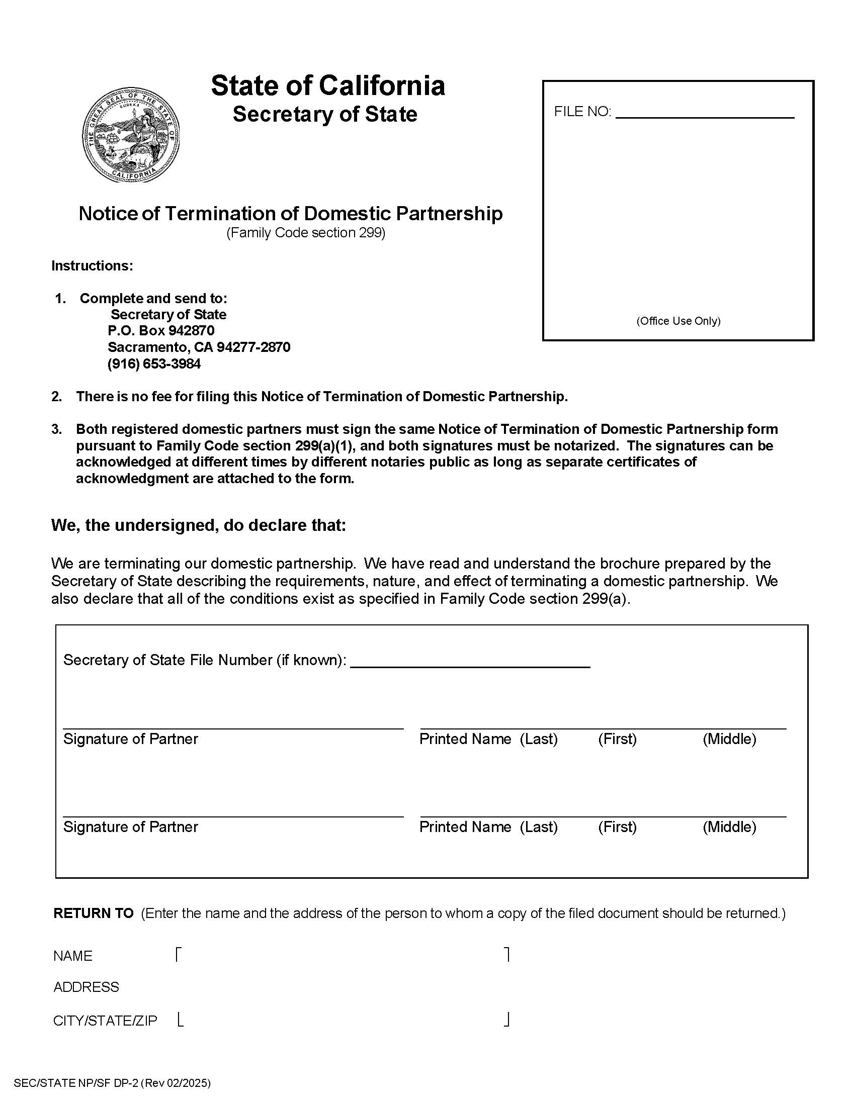 Notice Of Termination Of Domestic Partnership {NP-SF DP-2} | Pdf Fpdf Doc Docx | California