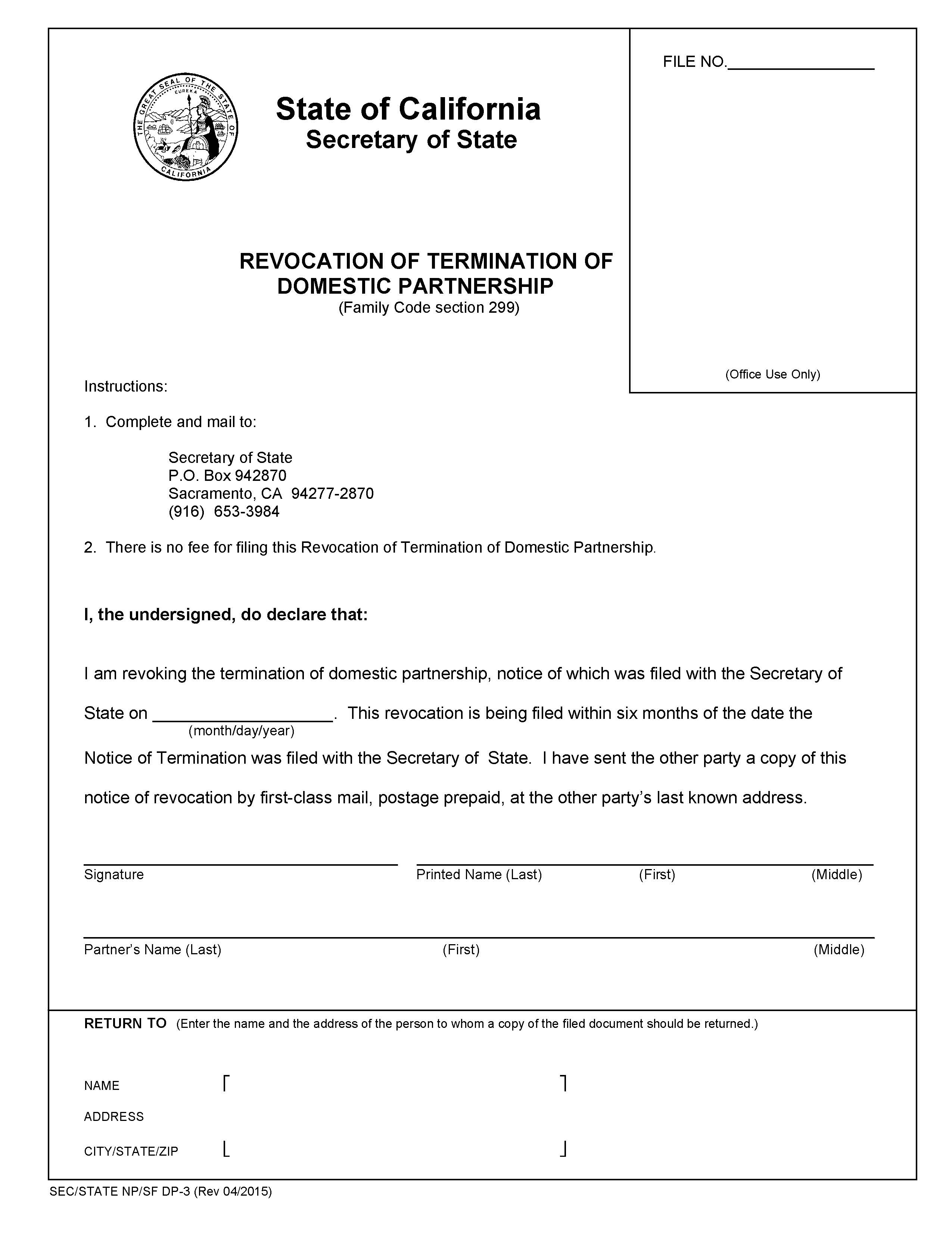 Revocation Of Termination Of Domestic Partnership {NP-SF DP-3} | Pdf Fpdf Doc Docx | California