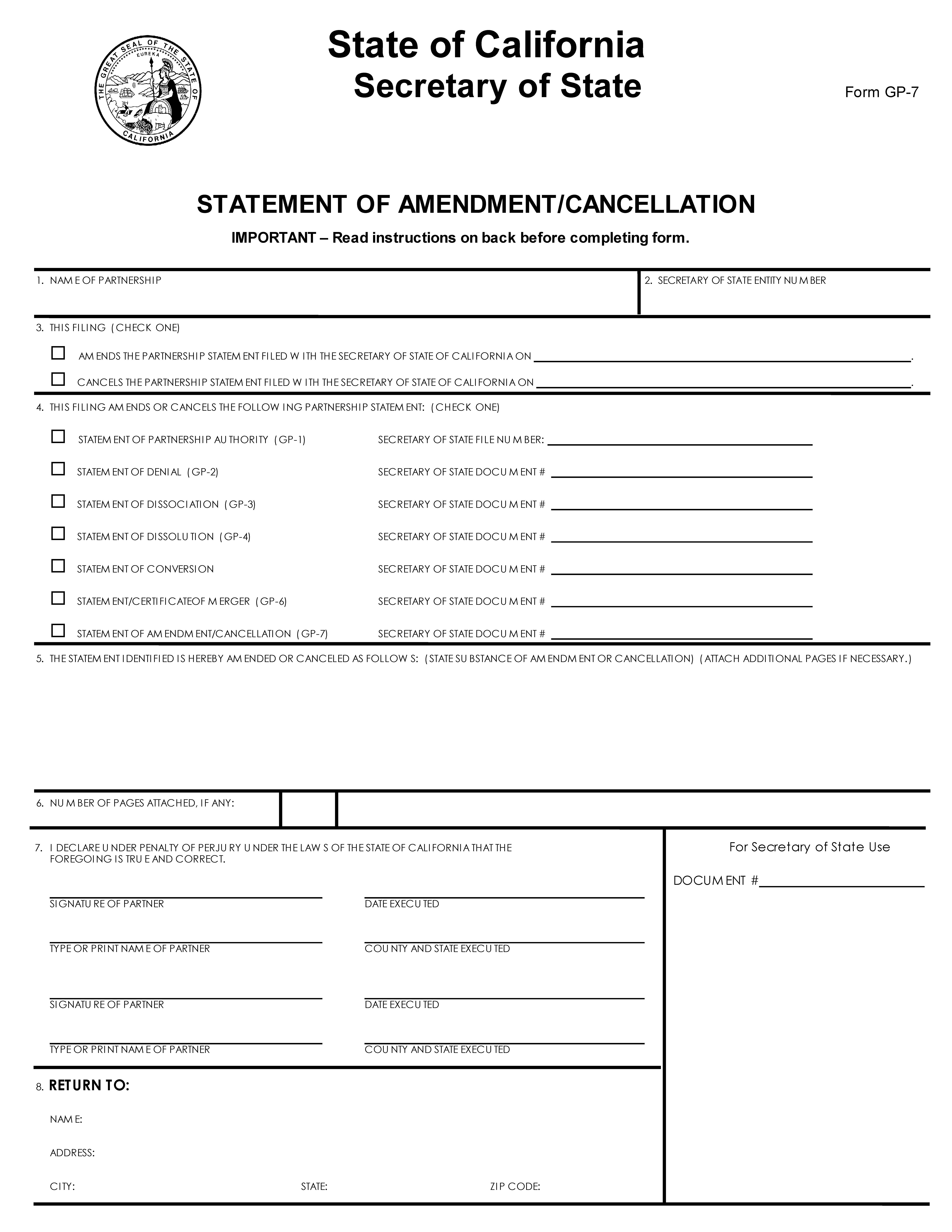 Statement Of Amendment Cancellation {GP-7} | Pdf Fpdf Doc Docx | California