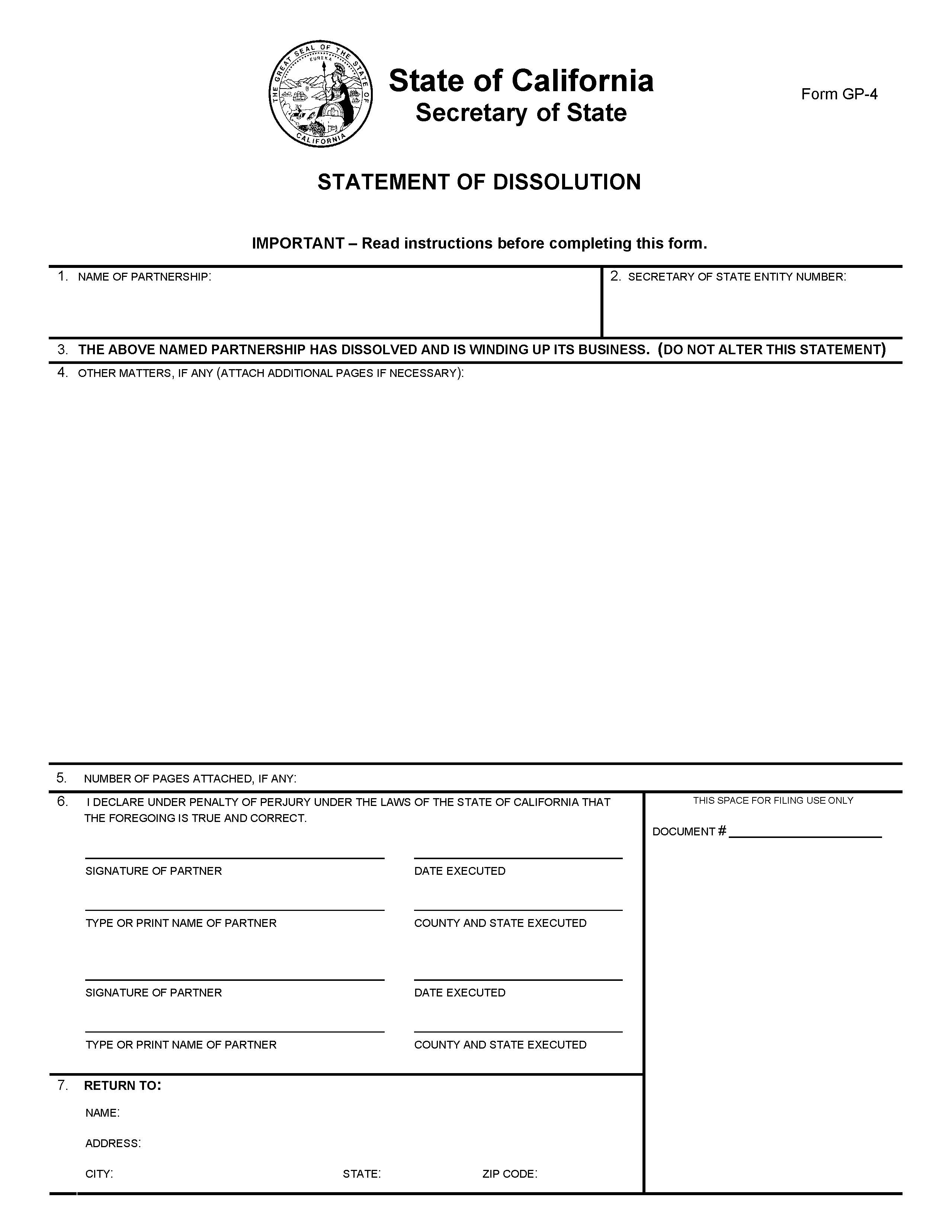 Statement Of Dissolution {GP-4} | Pdf Fpdf Doc Docx | California