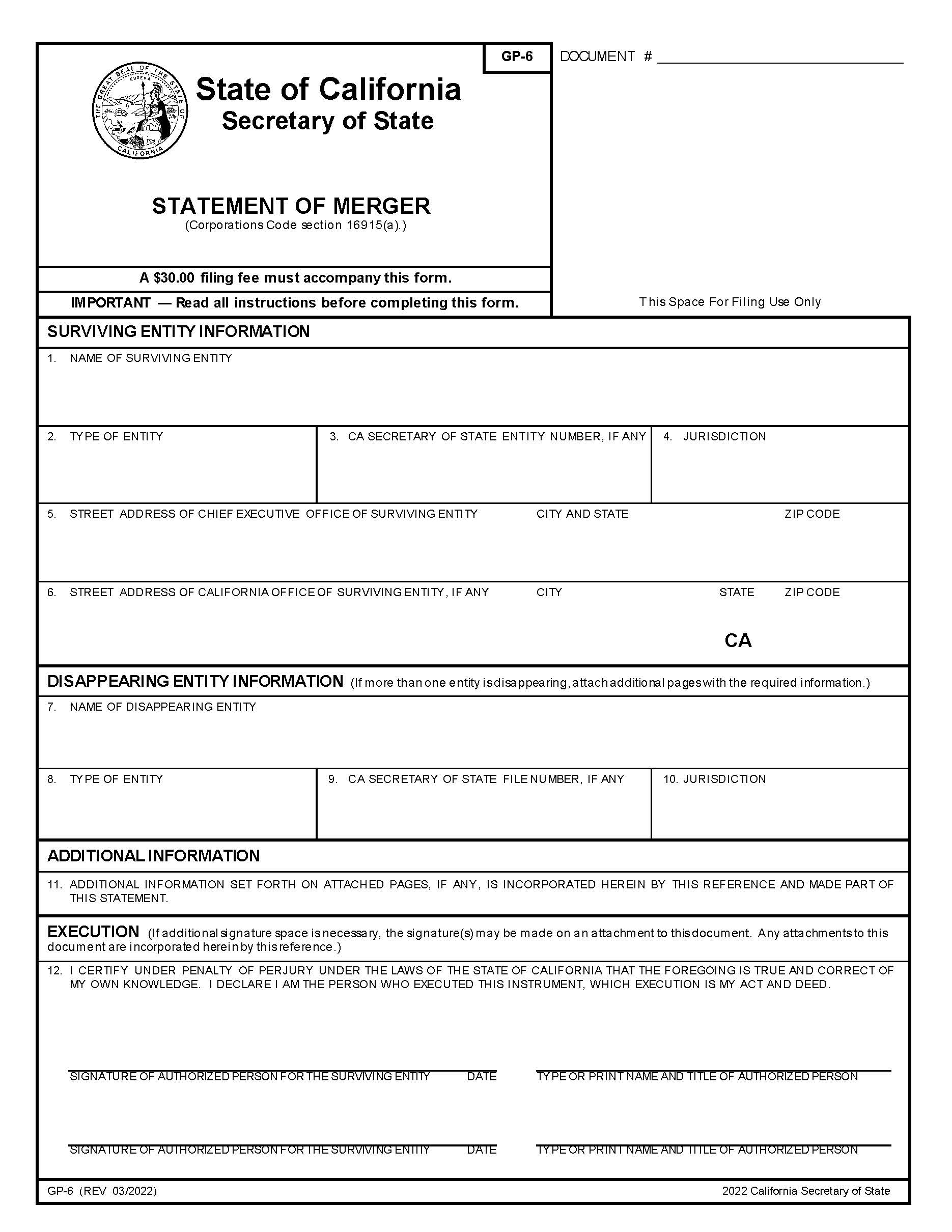 Statement Of Merger {GP-6} | Pdf Fpdf Doc Docx | California