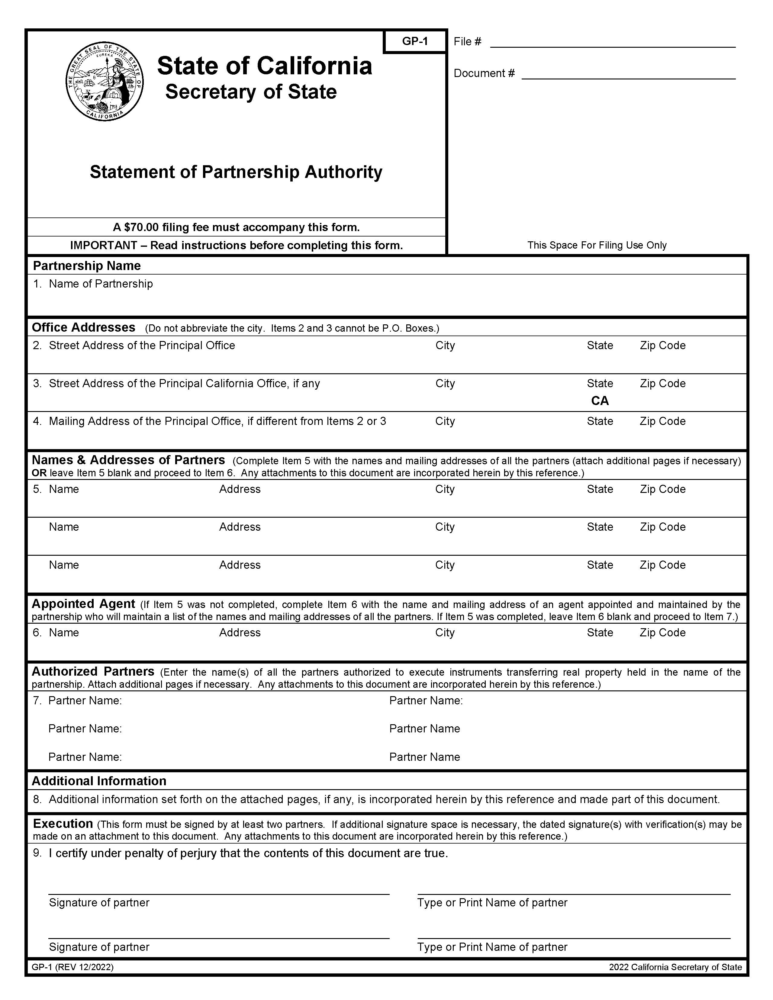 Statement Of Partnership Authority {GP-1} | Pdf Fpdf Doc Docx | California