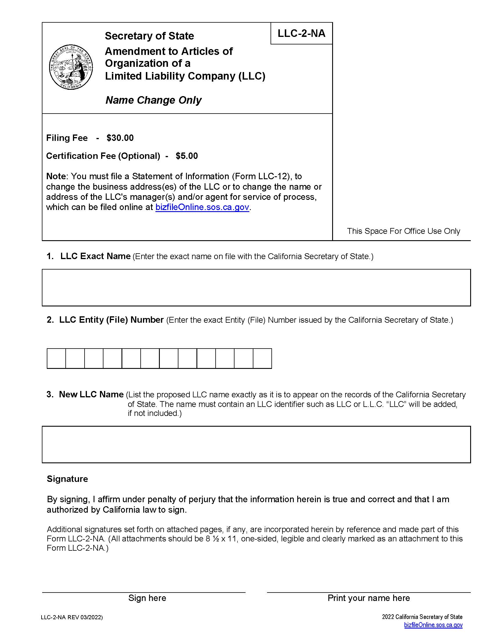 Amendment To Articles Of Organization Of A Limited Liability Company (LLC) {LLC-2-NA} | Pdf Fpdf Docx | California