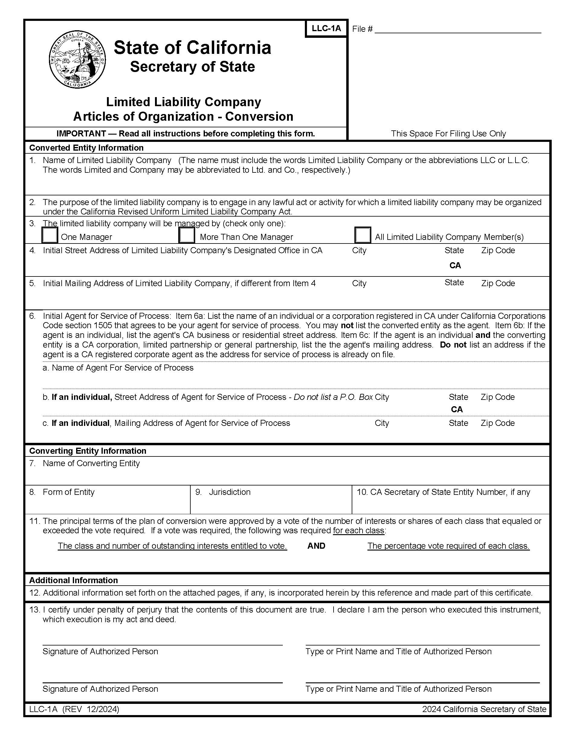 Articles Of Organization Conversion {LLC-1A} | Pdf Fpdf Doc Docx | California