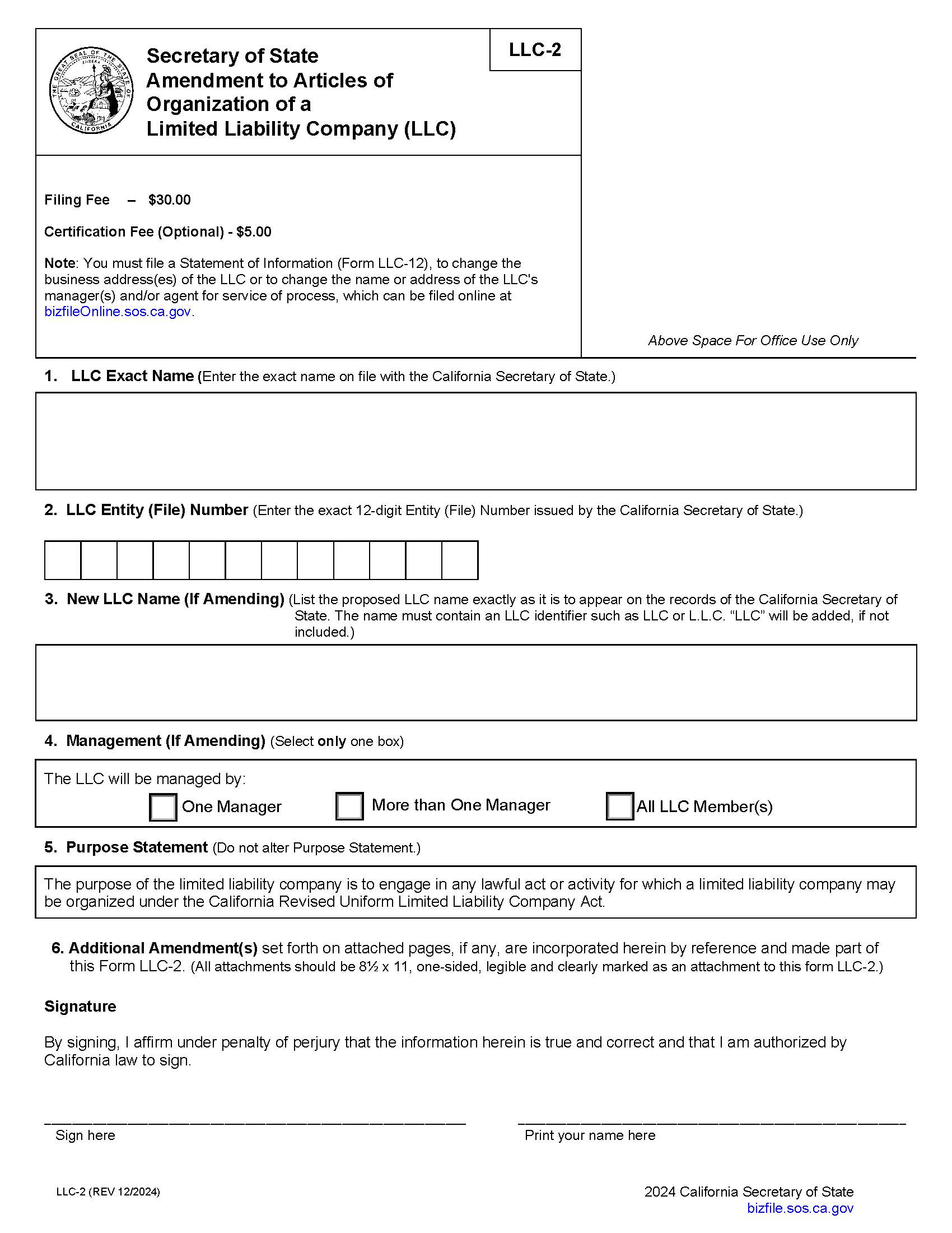 Certificate Of Amendment {LLC-2} | Pdf Fpdf Docx | California