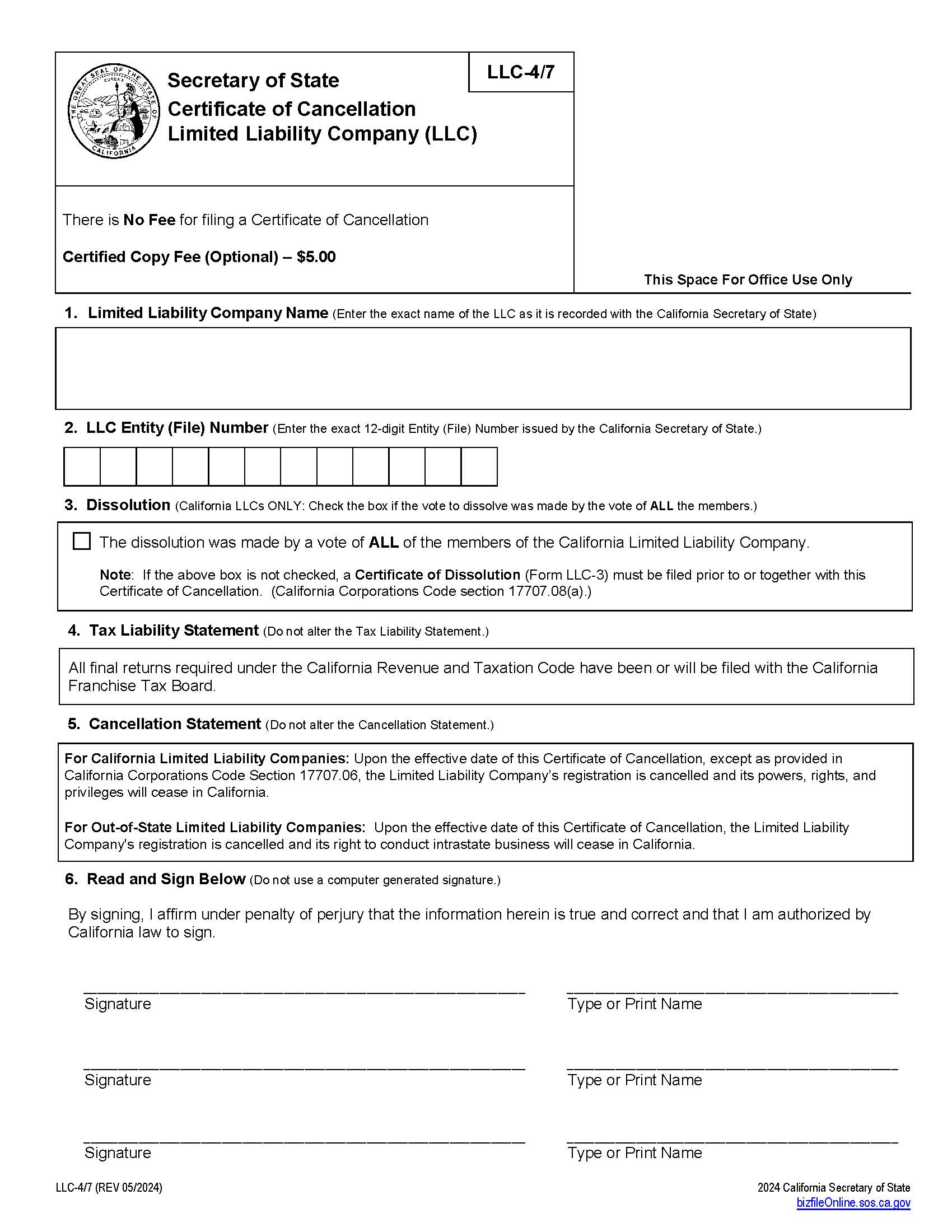 Certificate Of Cancellation {LLC-4-7} | Pdf Fpdf Docx | California