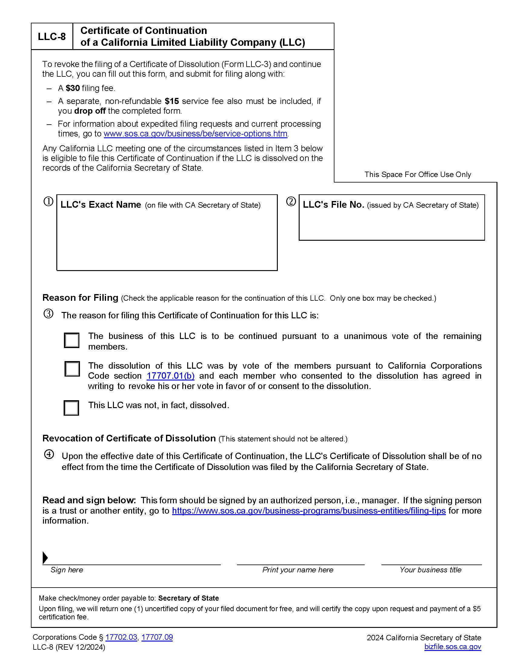 Certificate Of Continuation {LLC-8} | Pdf Fpdf Doc Docx | California