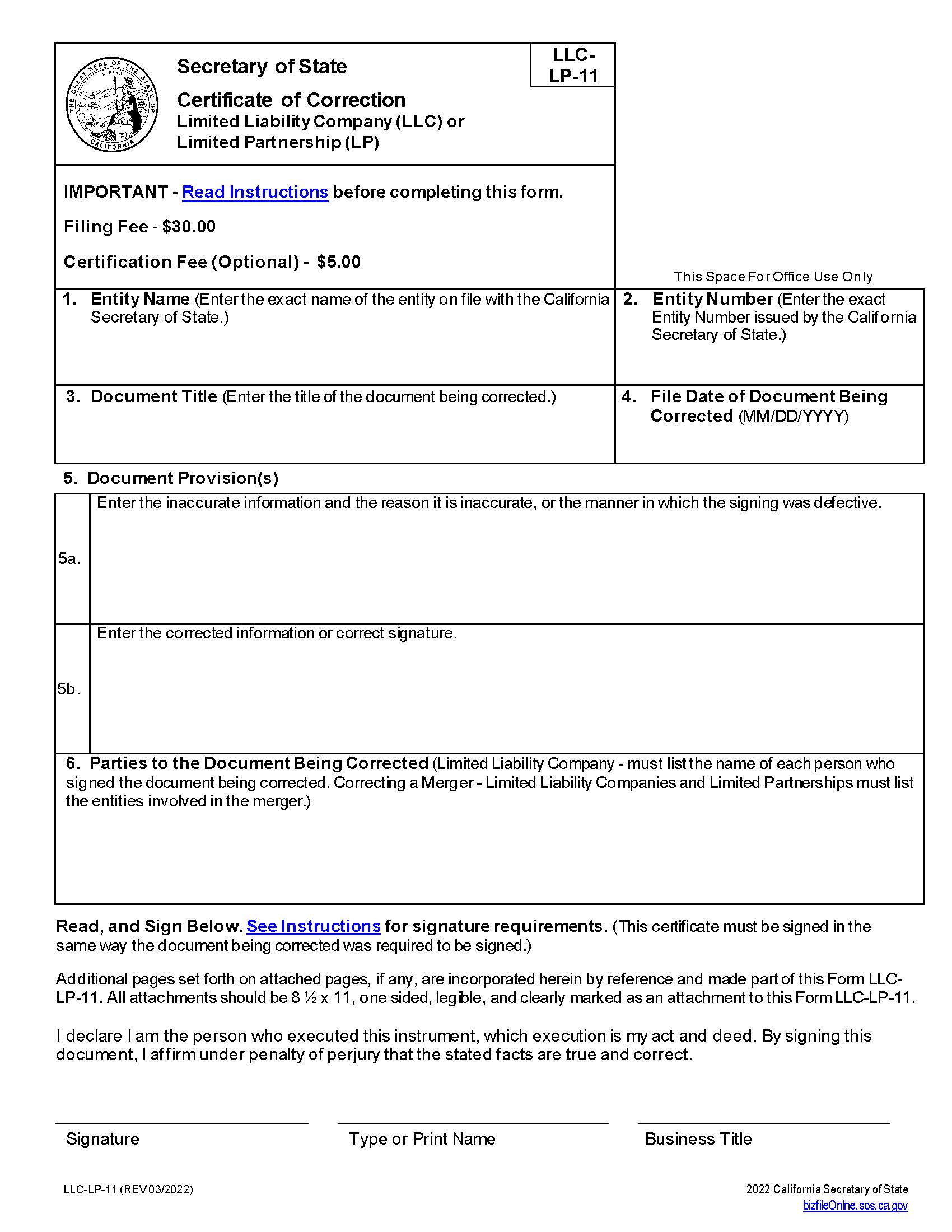 Certificate Of Correction {LLC-LP-11} | Pdf Fpdf Doc Docx | California