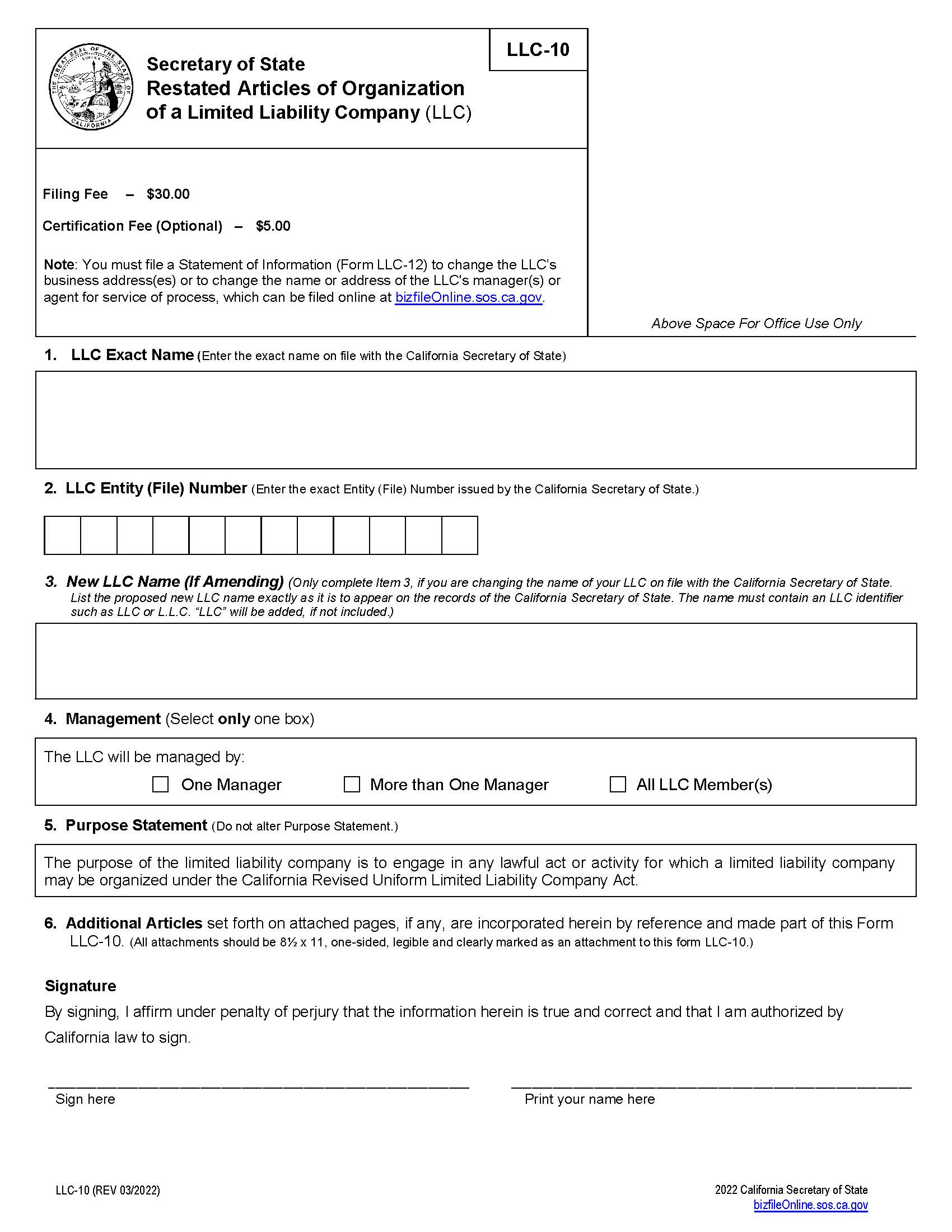 Restated Articles Of Organization {LLC-10} | Pdf Fpdf Docx | California