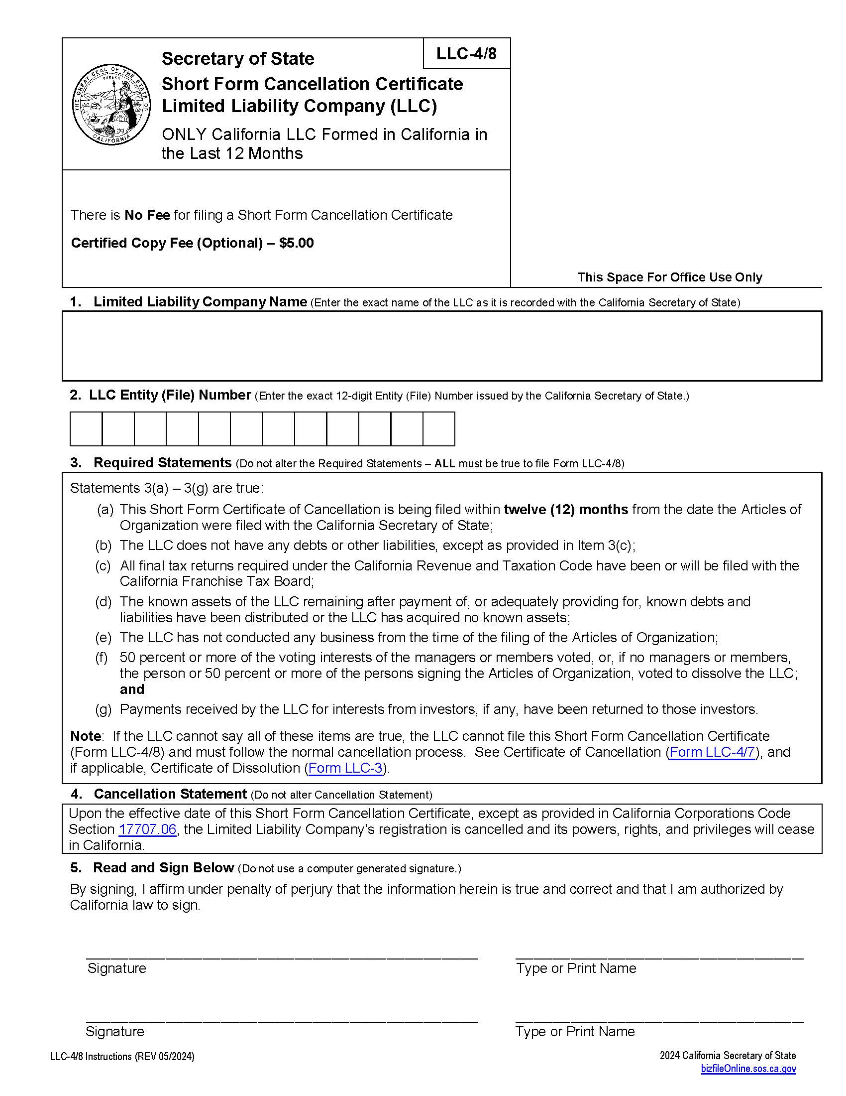 Short Form Cancellation Certificate {LLC-4-8} | Pdf Fpdf Docx | California