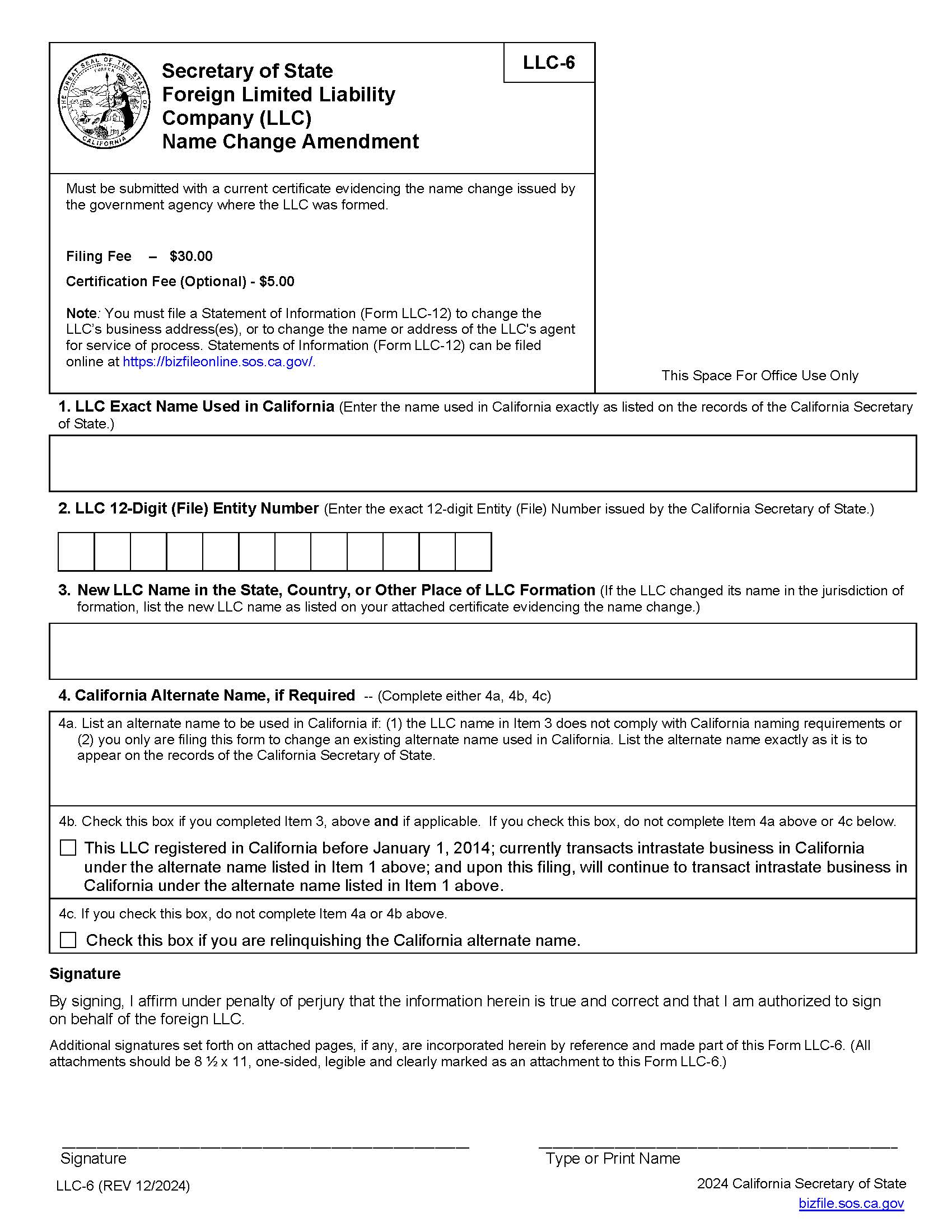 Application For Registration Certificate Of Amendment {LLC-6} | Pdf Fpdf Docx | California