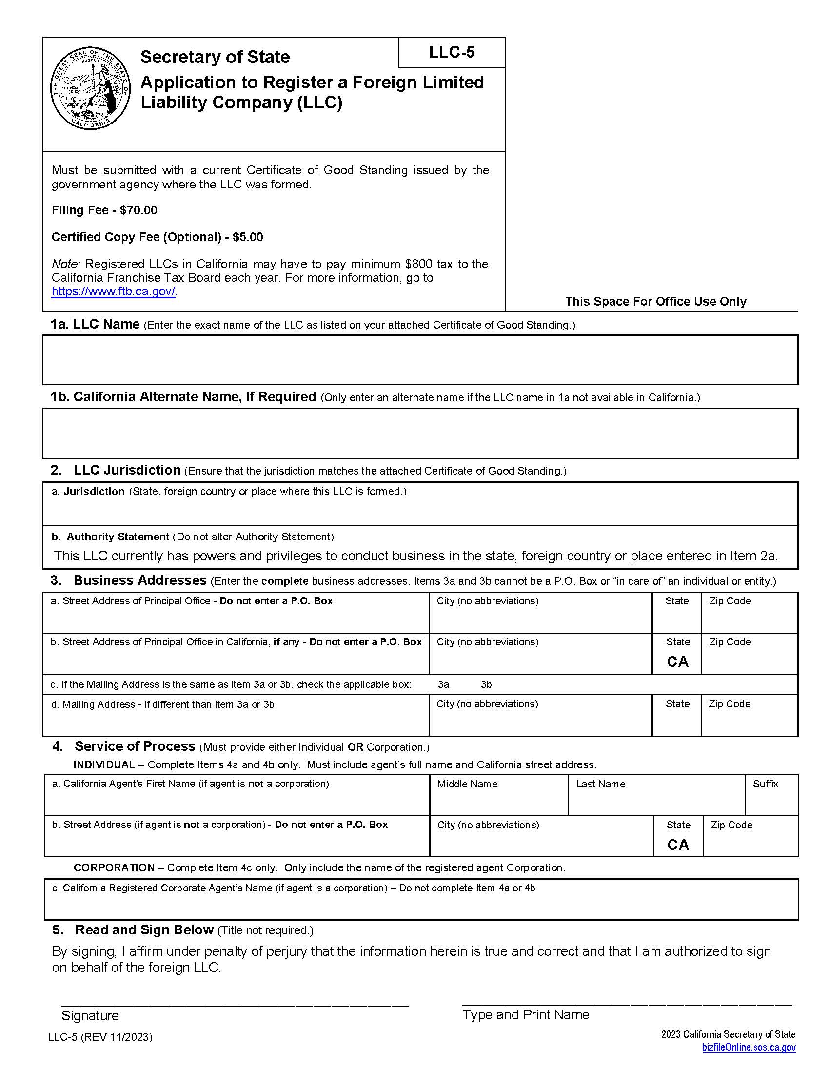 Application To Register A Foreign Limited Liability Company (LLC) {LLC-5} | Pdf Fpdf Docx | California