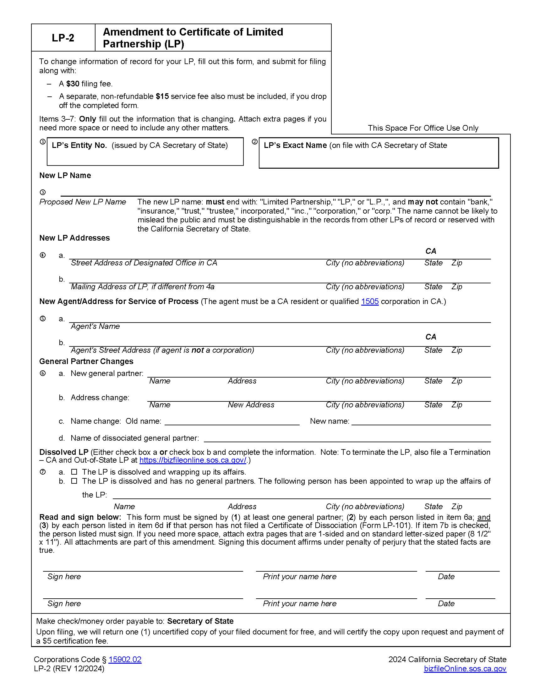 Amendment To Certificate Of Limited Partnership {LP-2} | Pdf Fpdf Doc Docx | California