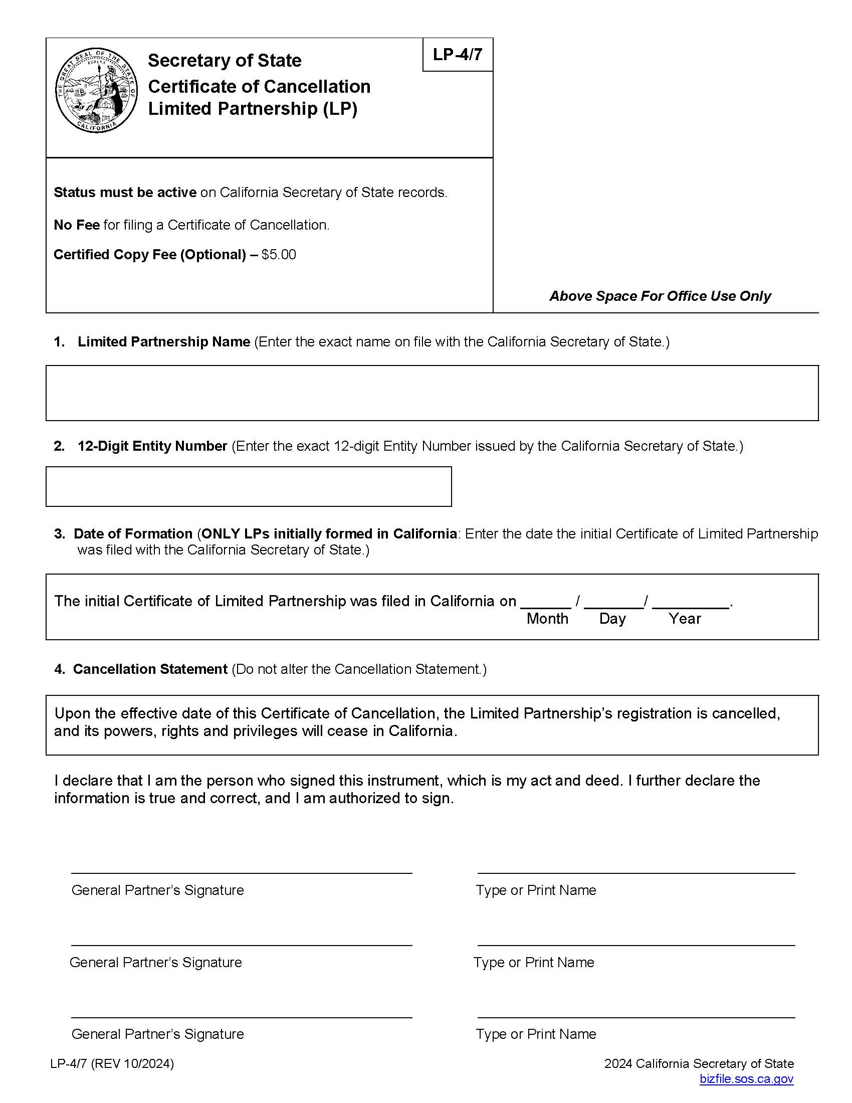 Certificate Of Cancellation {LP-4,7} | Pdf Fpdf Docx | California