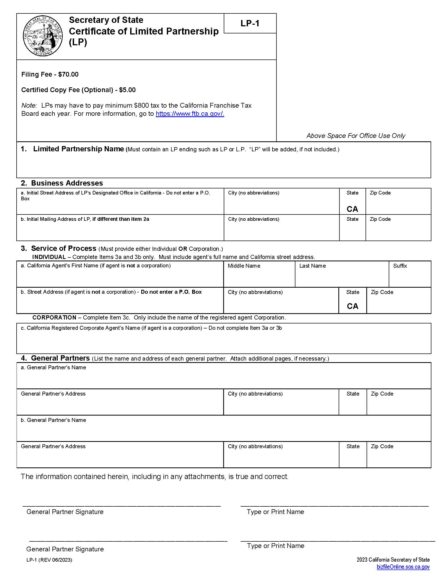 Certificate Of Limited Partnership {LP-1} | Pdf Fpdf Docx | California