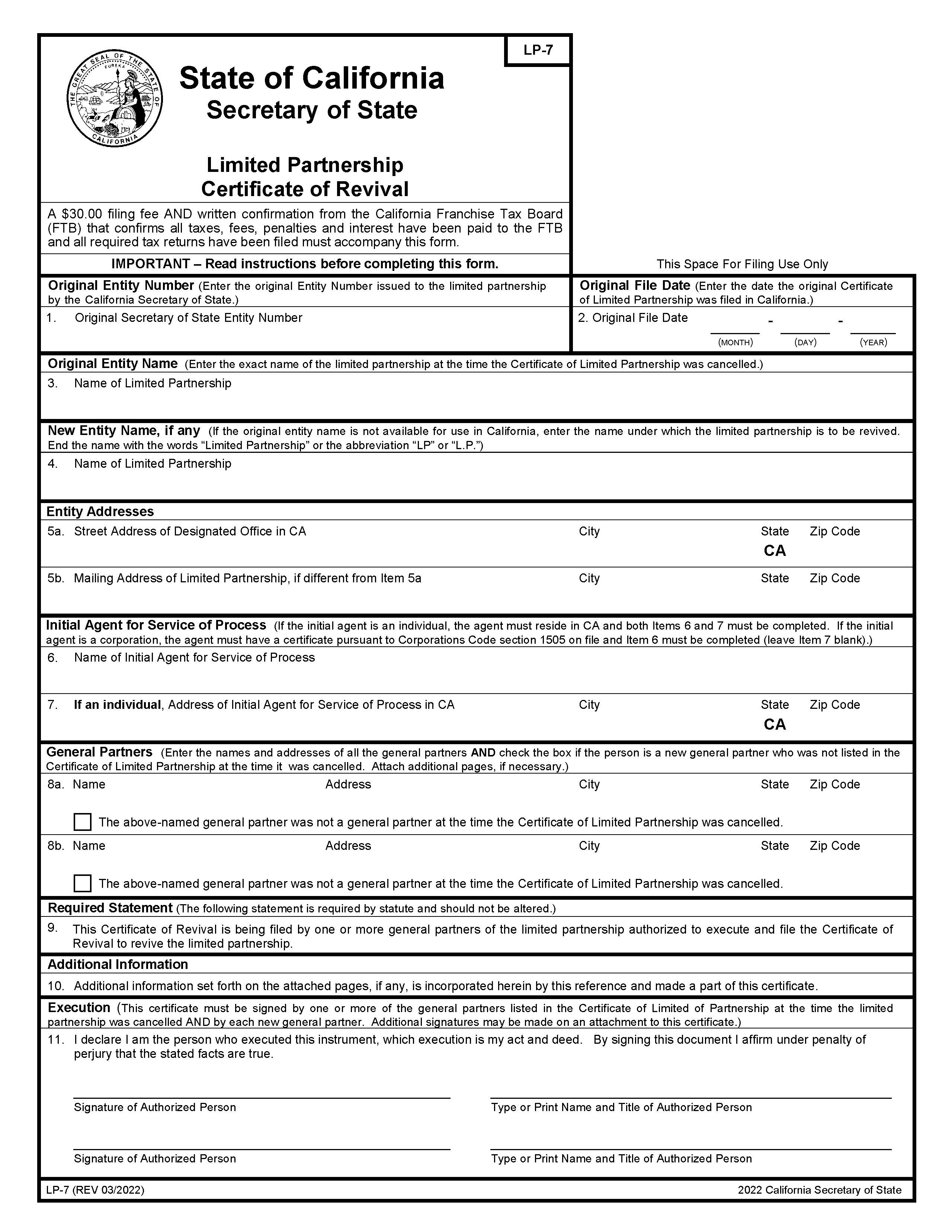 Limited Partnership Certificate Of Revival {LP-7} | Pdf Fpdf Doc Docx | California