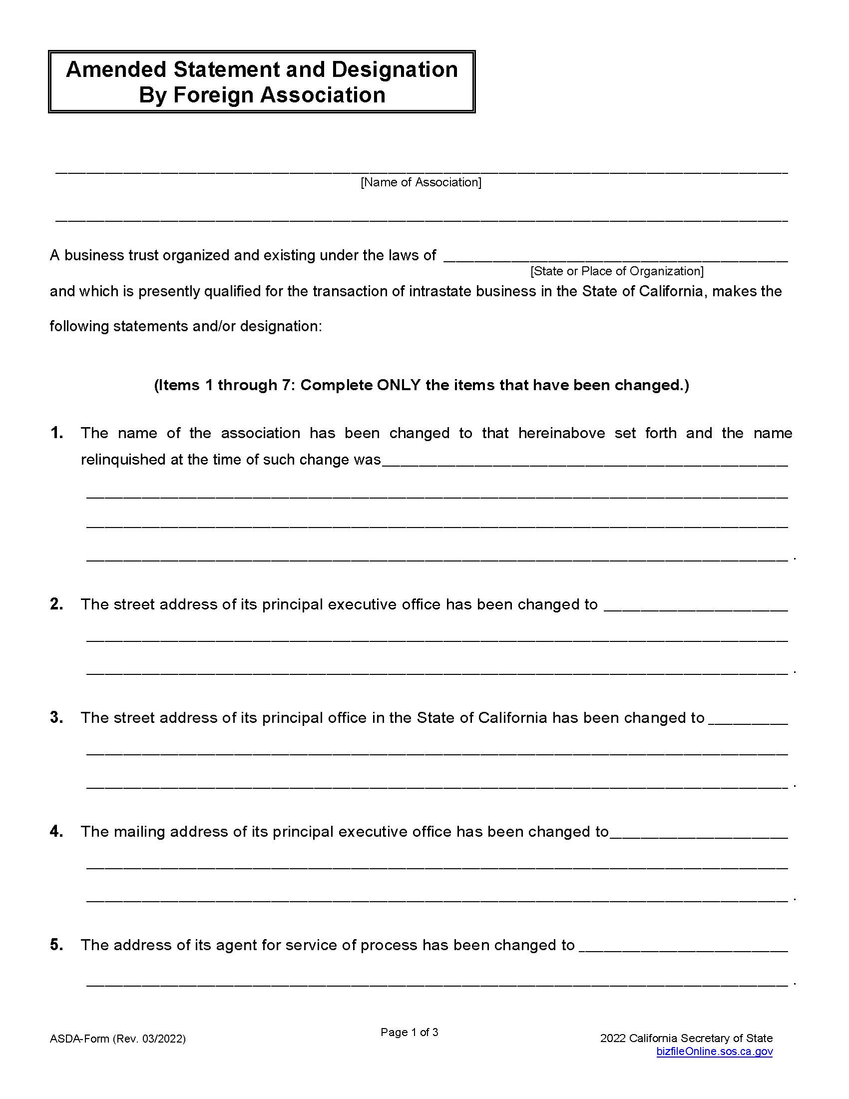 Amended Statement And Designation By Foreign Association (Business Trusts) {ASDA} | Pdf Fpdf Doc Docx | California