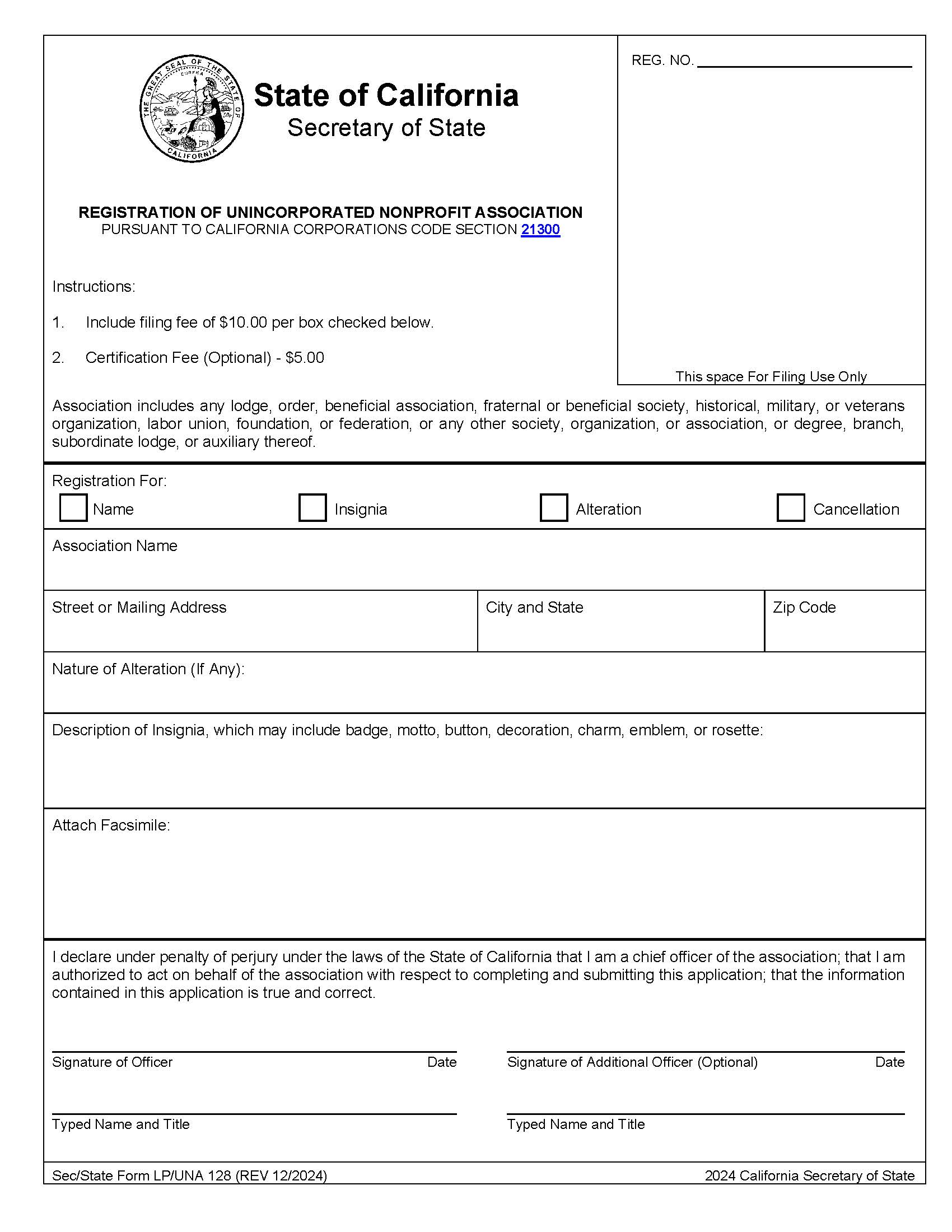 Registration Of Unincorporated Nonprofit Association {LP UNA 128} | Pdf Fpdf Doc Docx | California