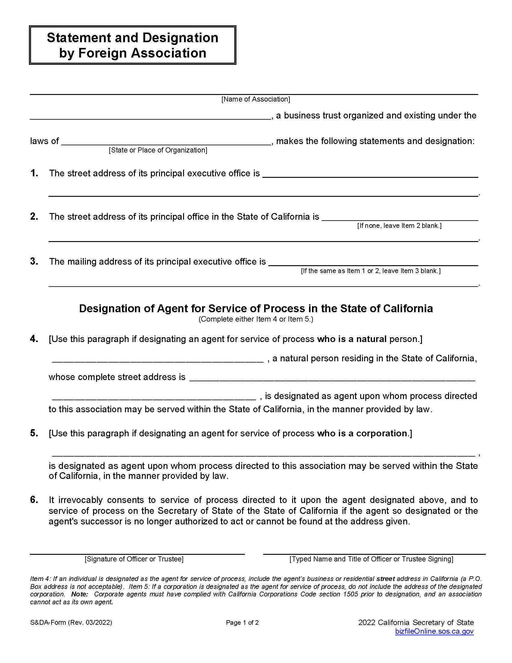 Statement And Designation By Foreign Association (Business Trust) {S-DA} | Pdf Fpdf Doc Docx | California