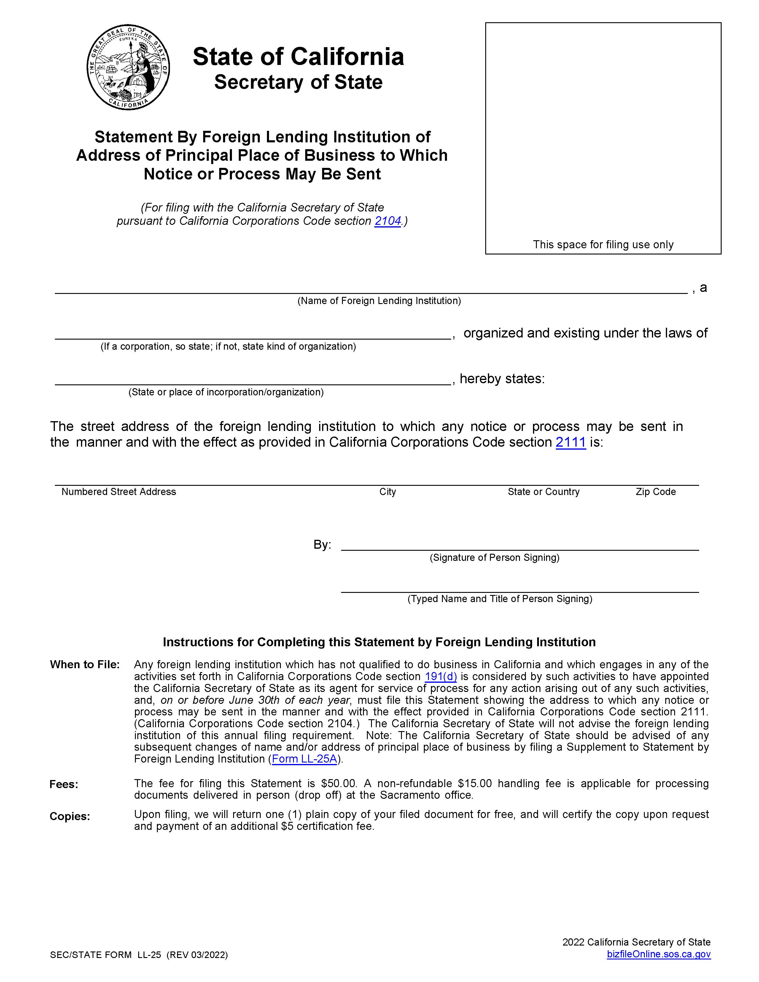 Statement By Foreign Lending Institution {LL-25} | Pdf Fpdf Doc Docx | California