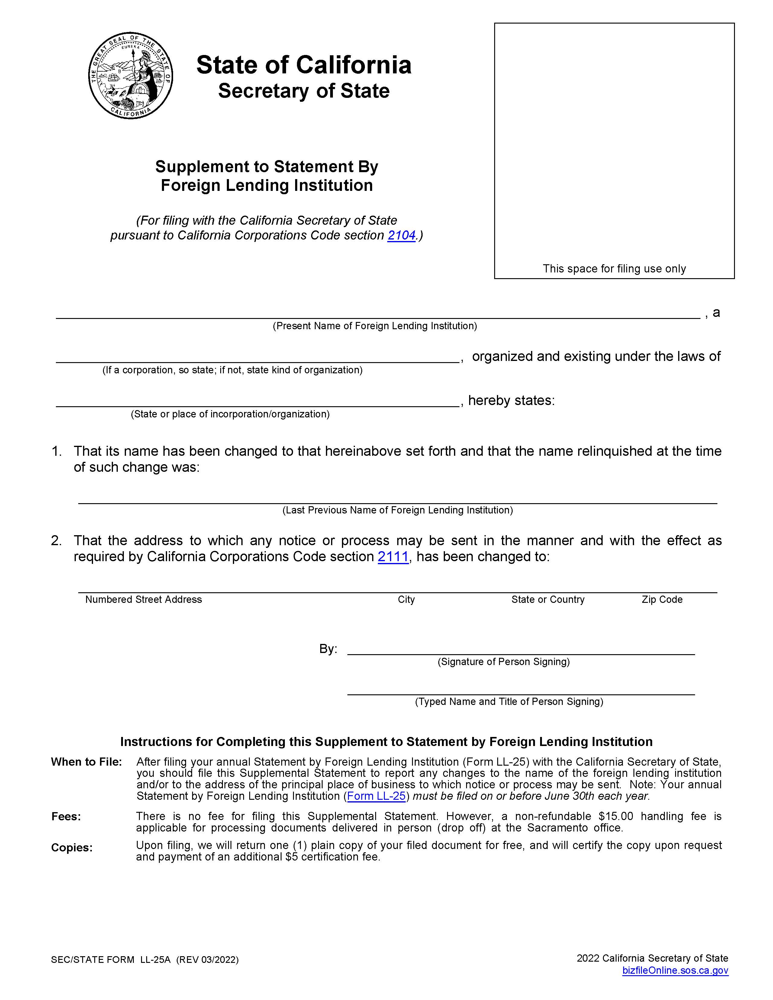Supplement To Statement By Foreign Lending Institution {LL-25A} | Pdf Fpdf Doc Docx | California